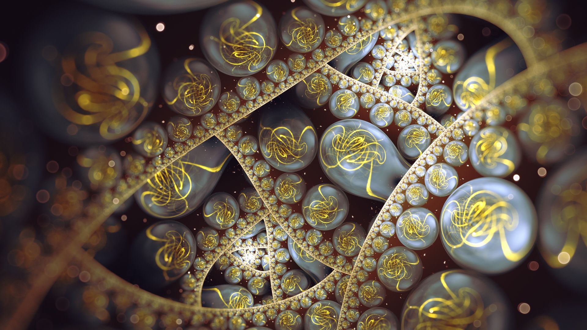Wallpaper Sphere, golden threads, fractal, pattern, abstract