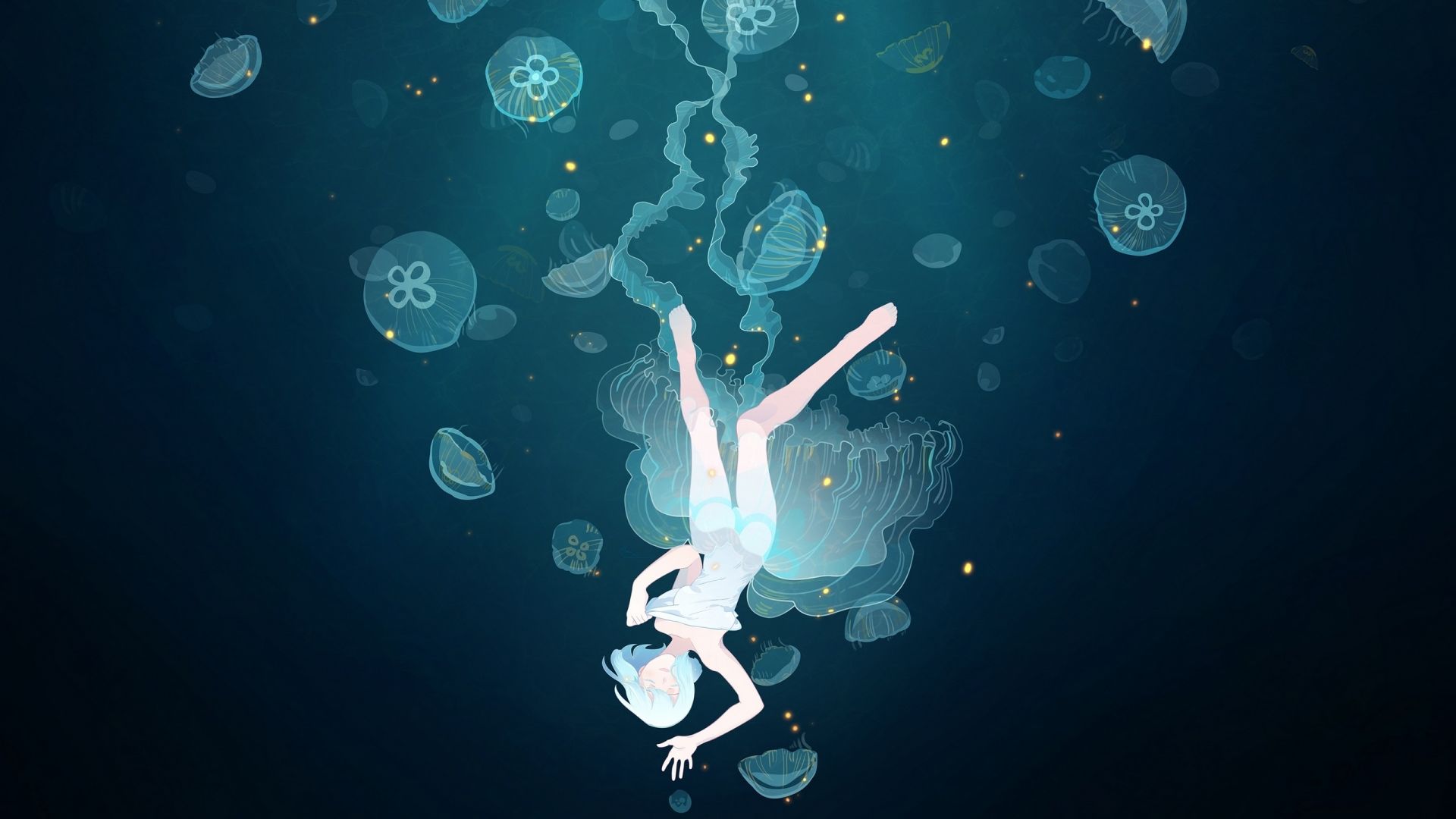 Wallpaper Underwater, dive, fishes, anime girl, jellyfish, minimal