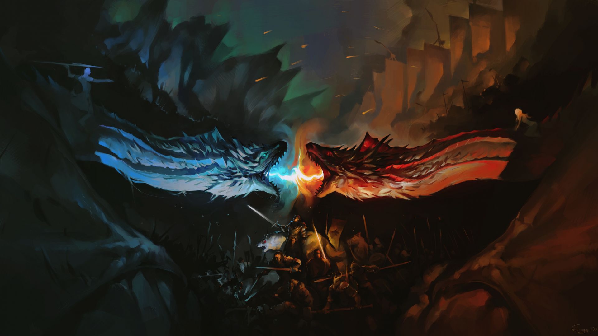 Wallpaper Game of thrones, dragons's fight, dark, fan art, 5k