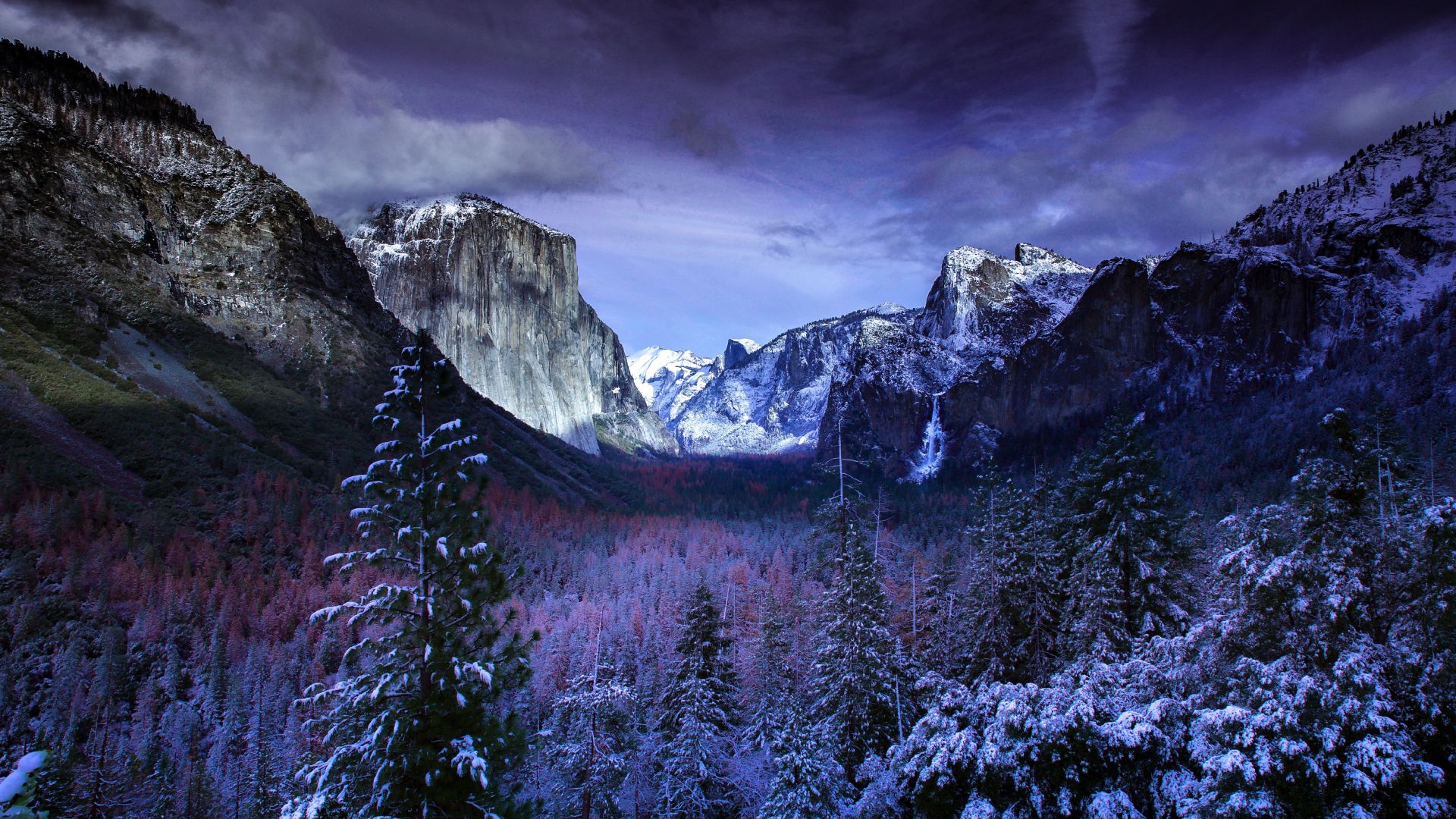 Wallpaper Yosemite valley, trees, sunset, winter, nature, 5k