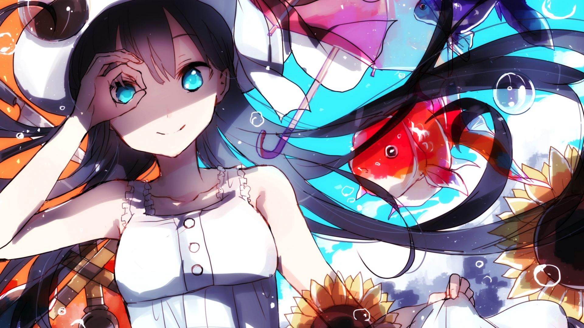 Wallpaper Beautiful, anime girl, flowers, fishes