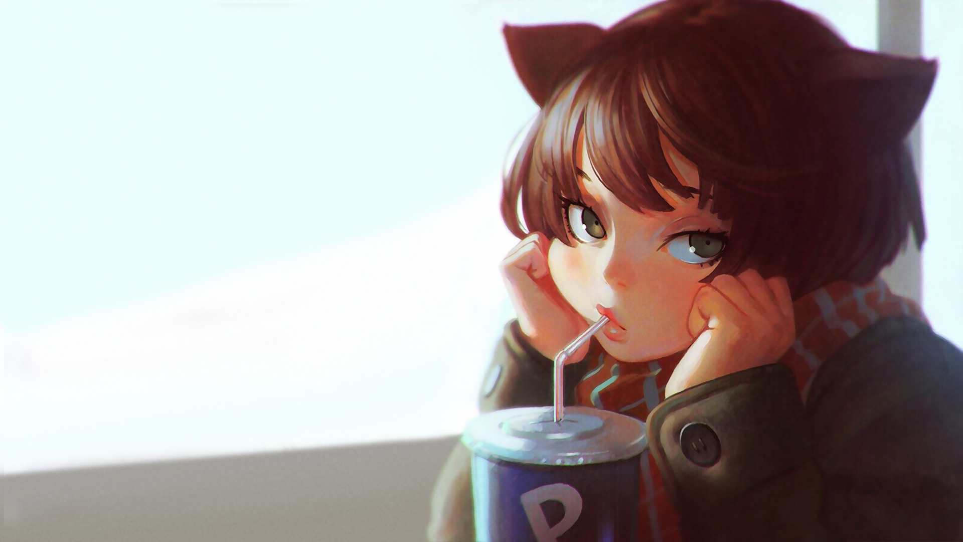 Wallpaper Cute anime girl drinking coffee