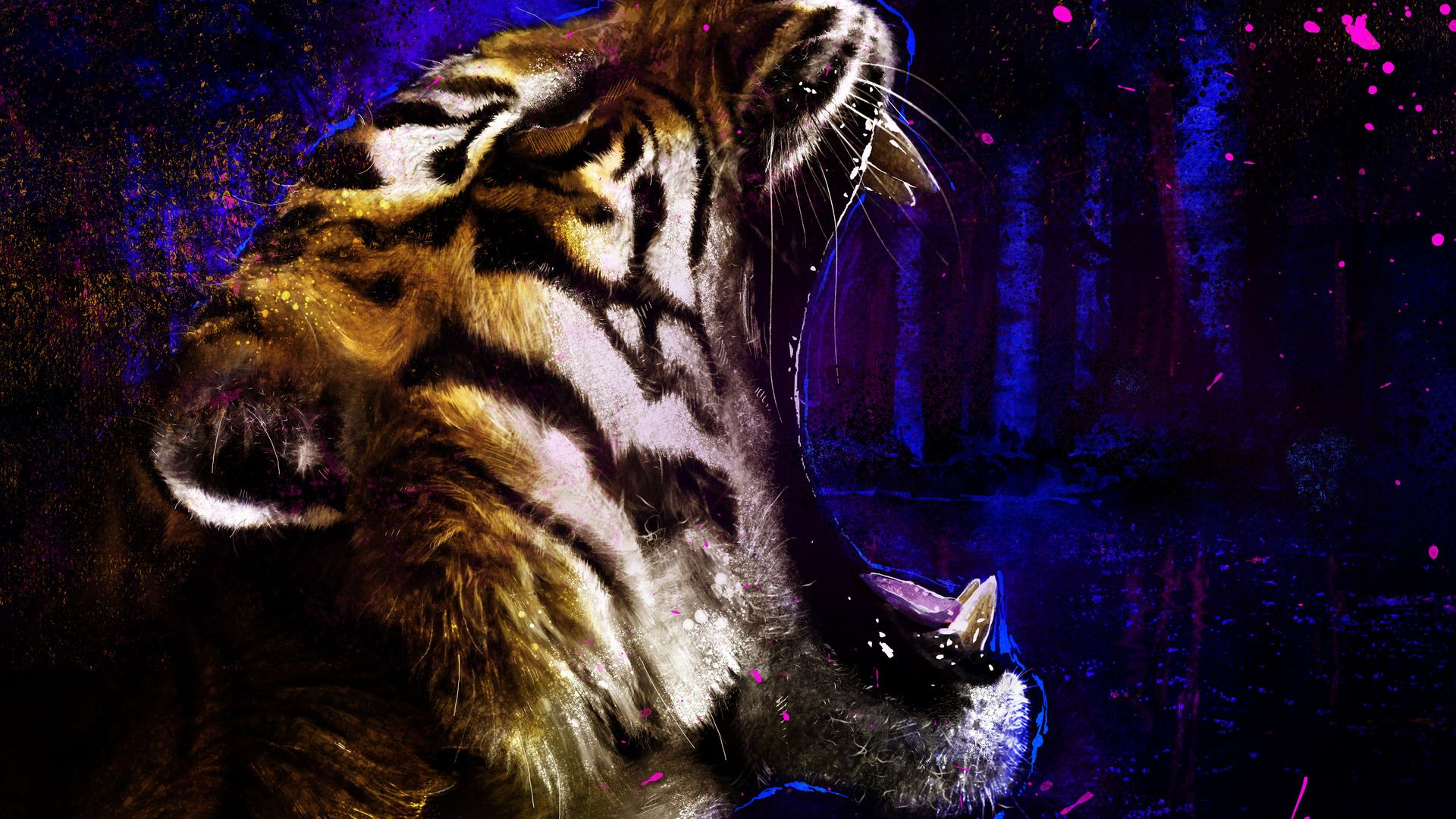 Wallpaper Tiger roar, muzzle, animal art