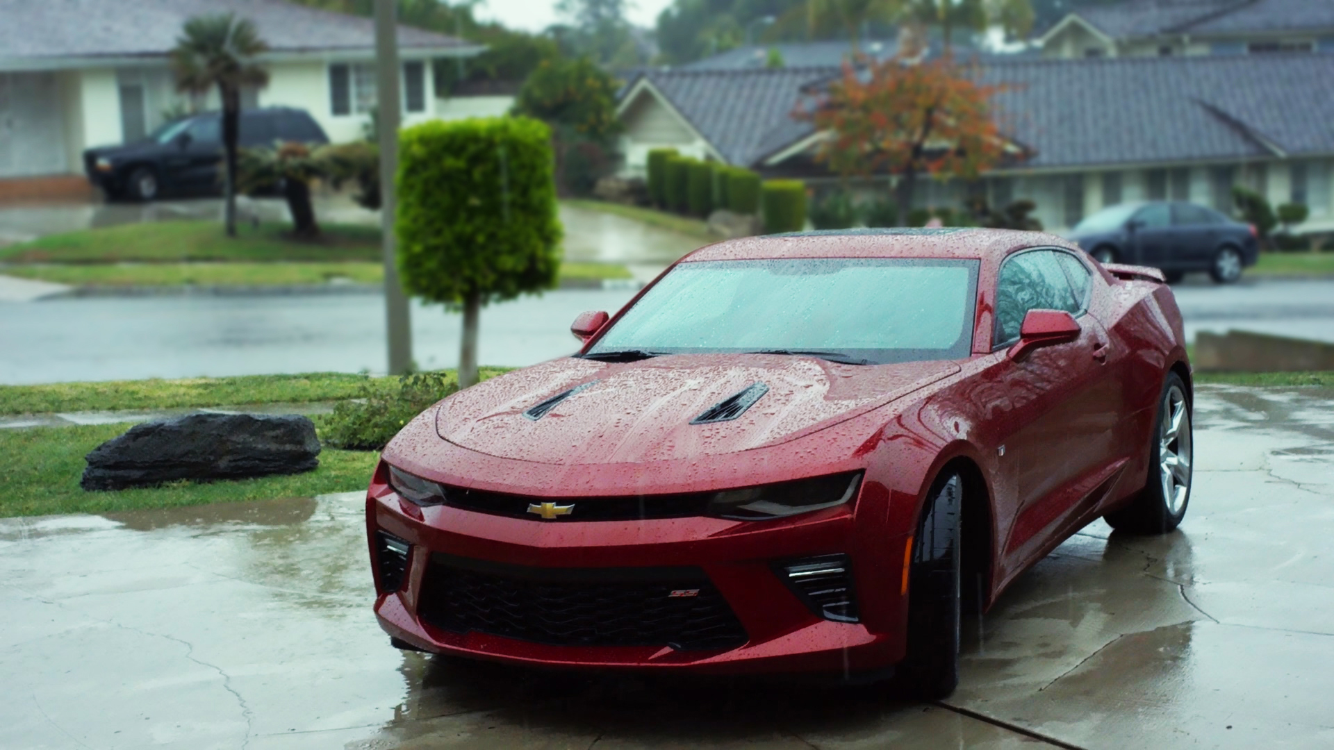 Wallpaper Rain, front view, Chevrolet Camaro, red car