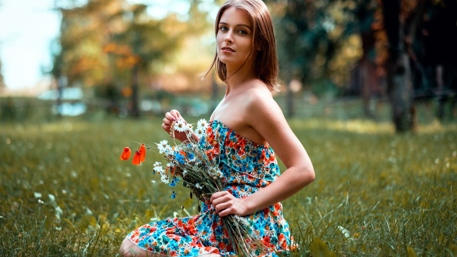 Wallpaper Brunette, sit, outdoor, girl model