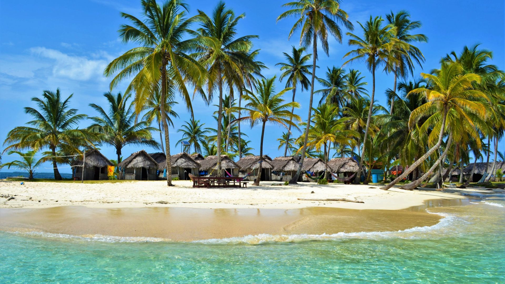 Wallpaper Resort, tropical beach, sea, palm tree, 4k