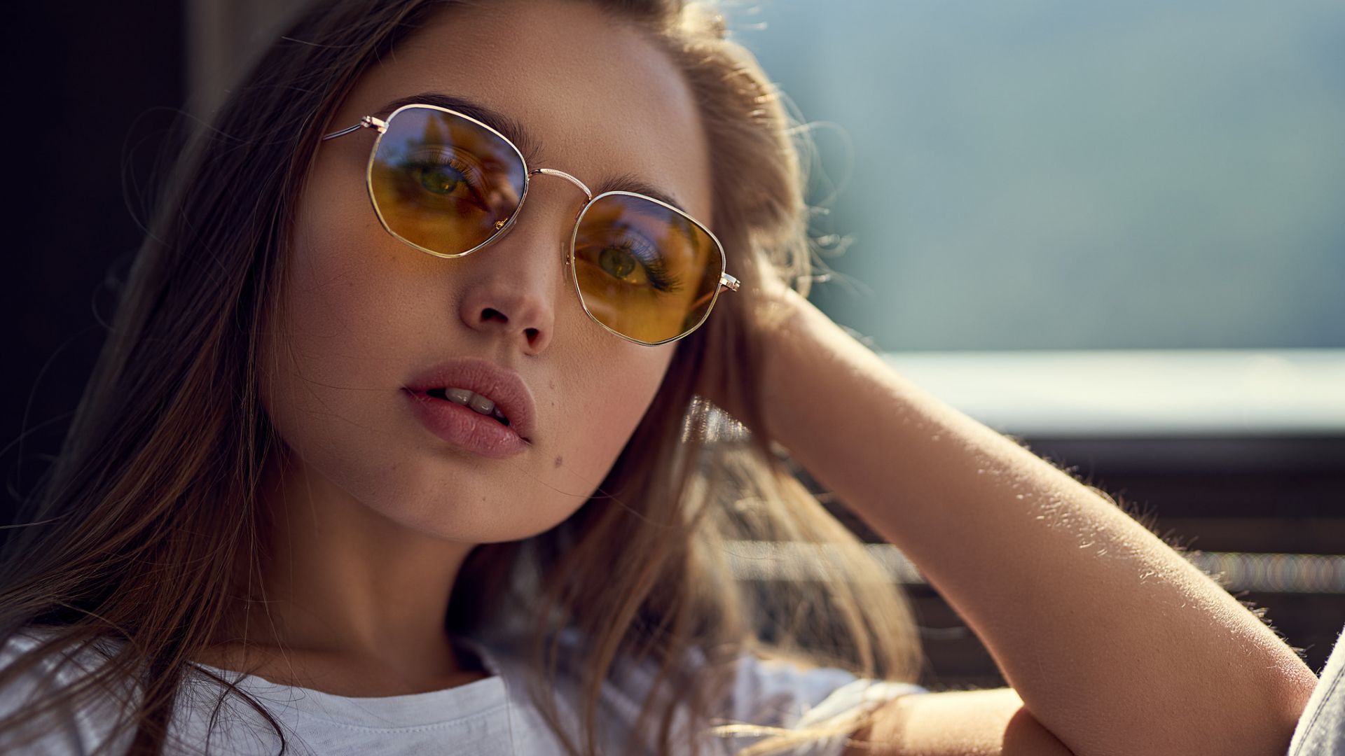 Wallpaper Brunette, yellow sunglasses, girl model, face