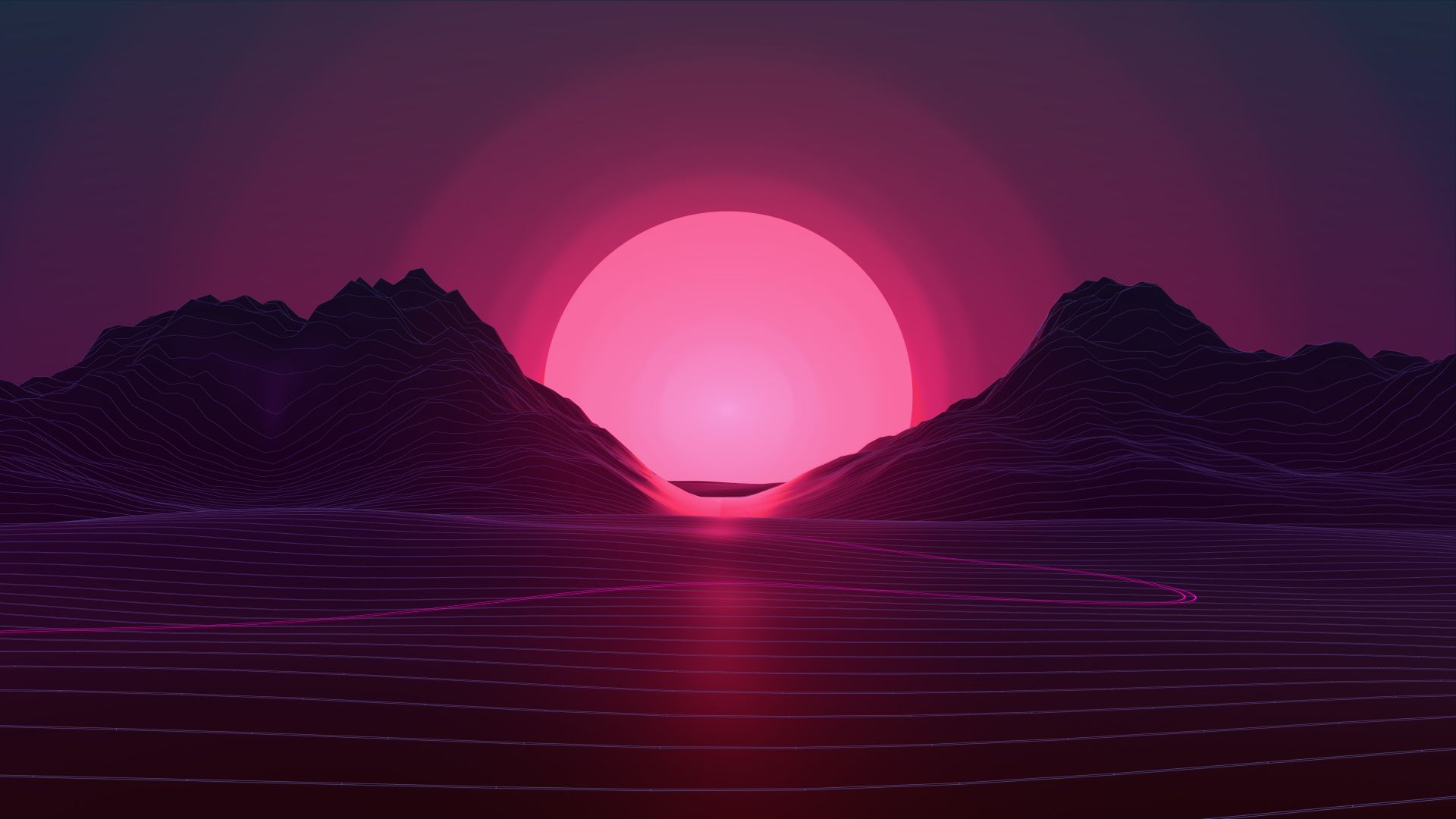 Wallpaper Sunset, digital art, neon pink, mountains, 4k