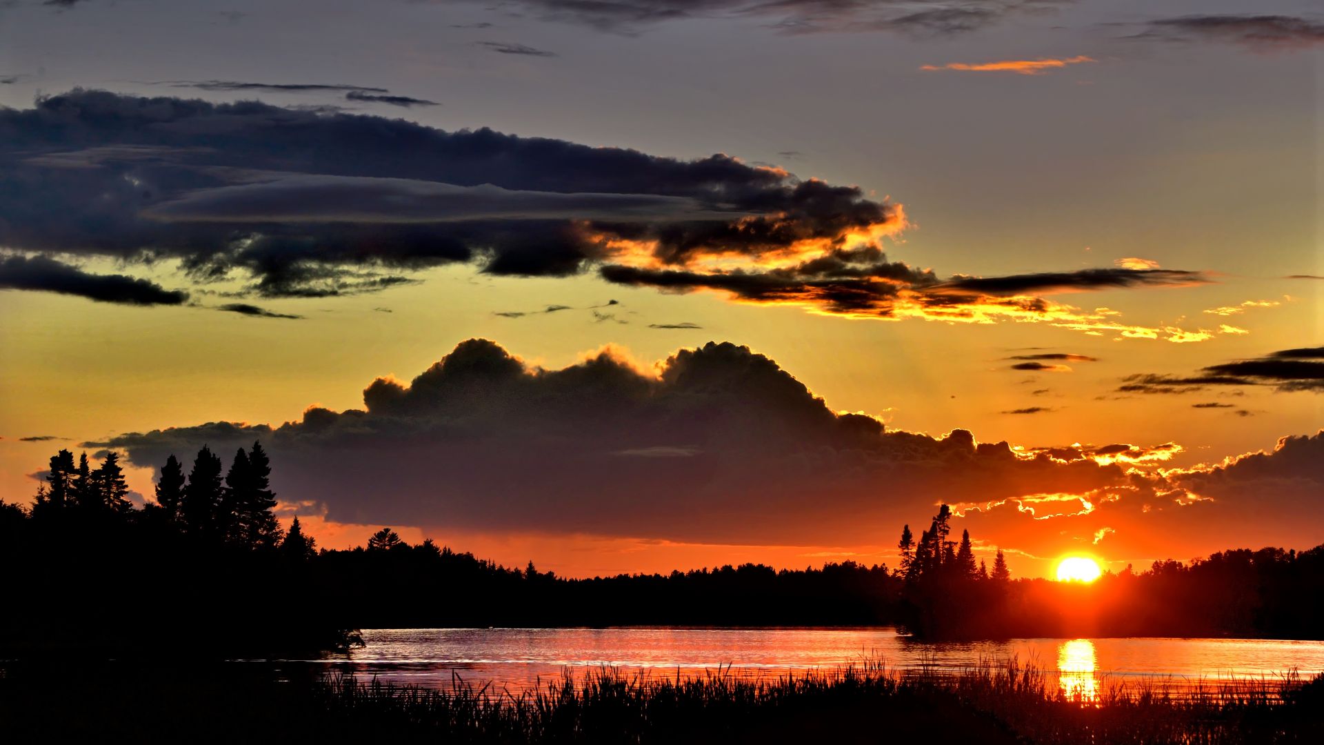 Wallpaper Sunset, lake, reflections, clouds