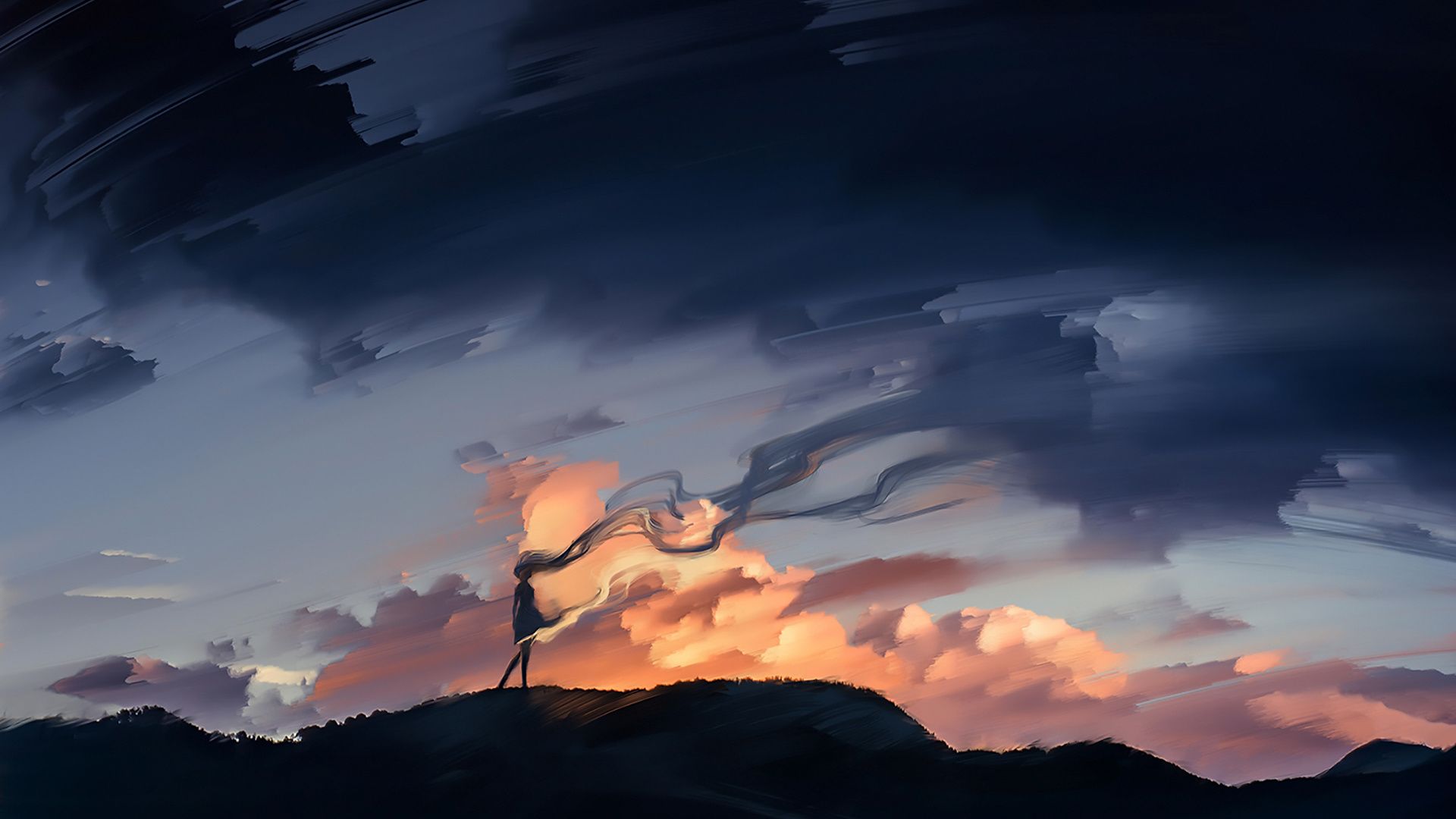 Desktop Wallpaper Dark Sunset Sky Anime Girl Outdoor Art Hd