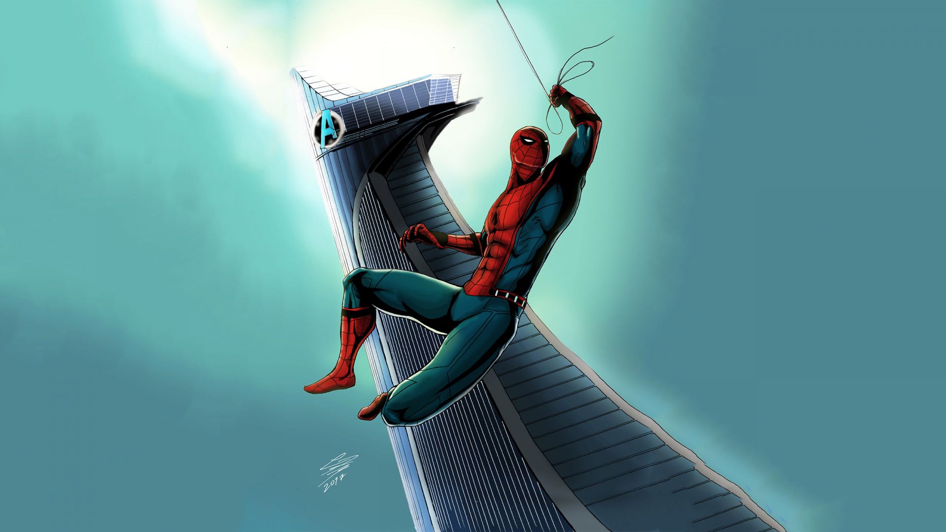 Wallpaper Spiderman, swing, tower, artwork