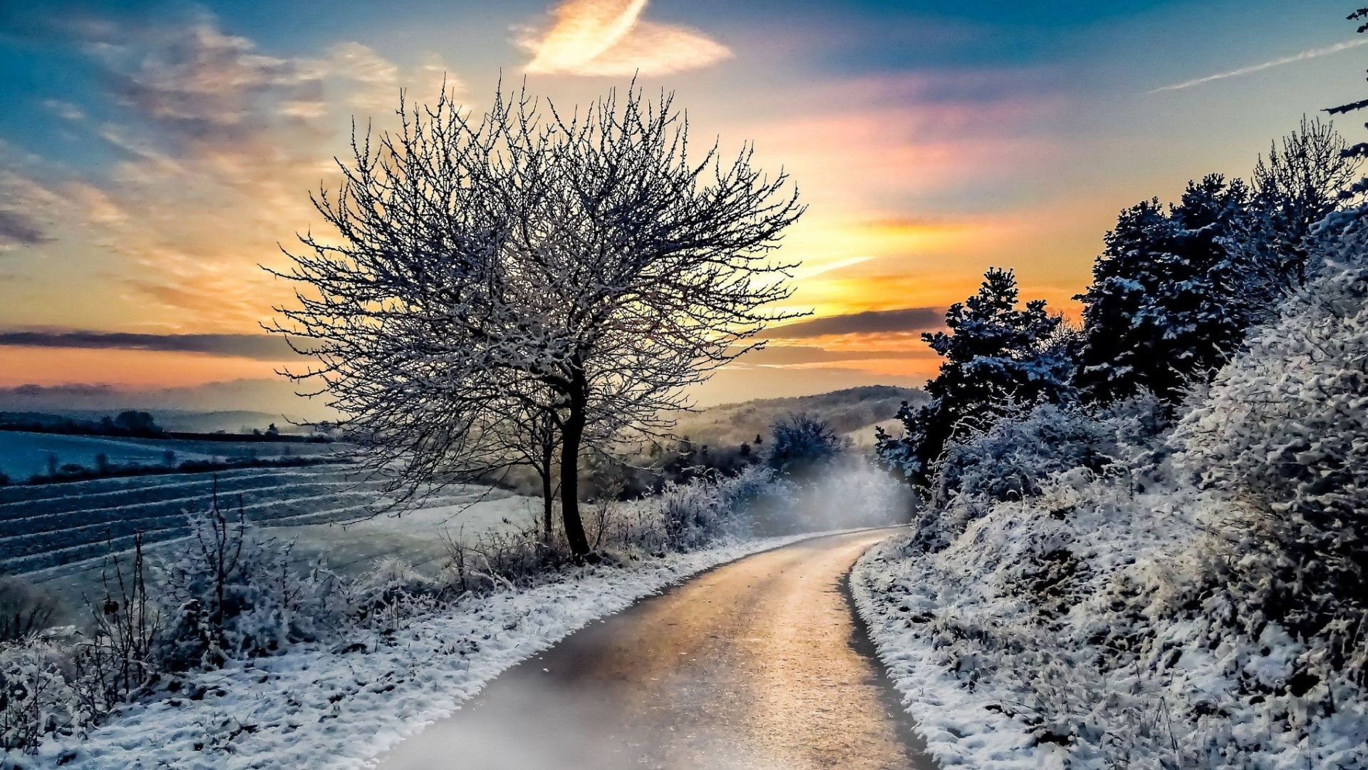 Wallpaper Winter, road, snow, nature, sunset