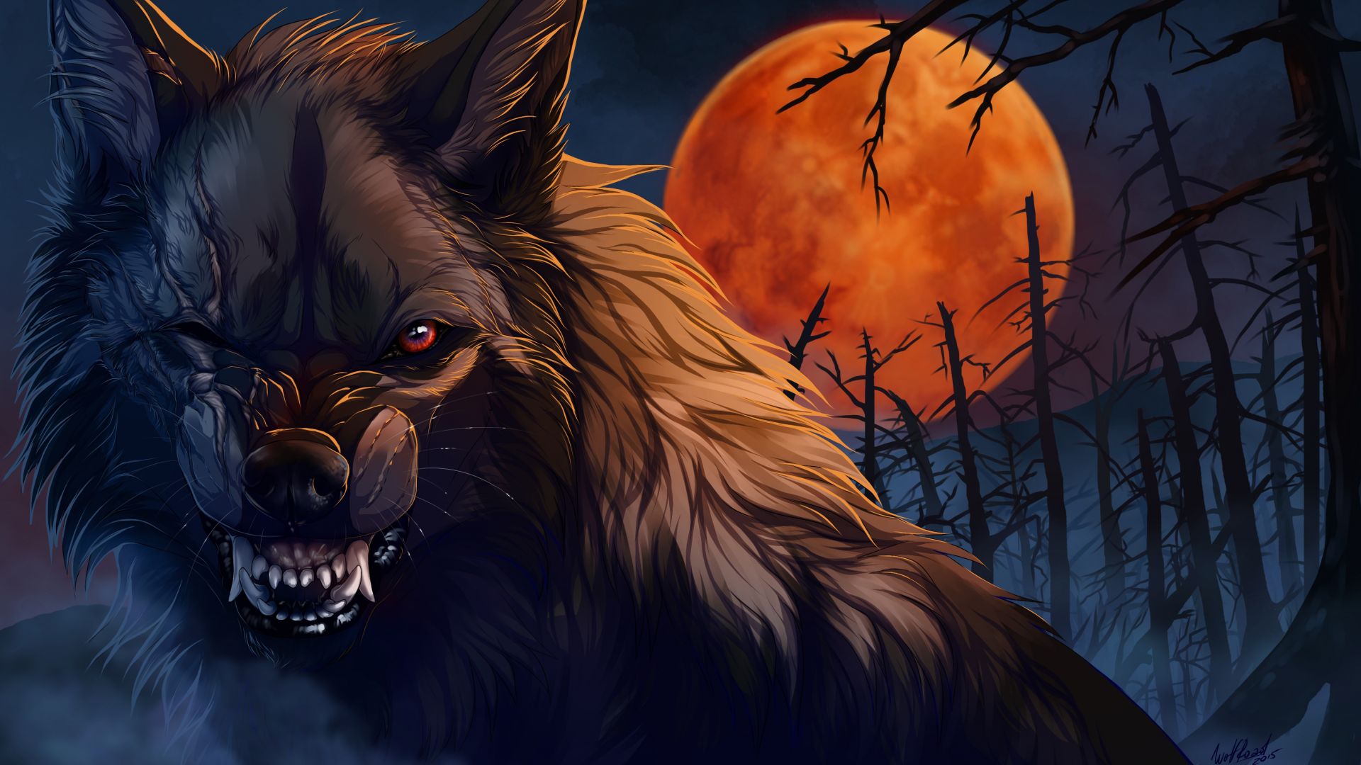 Wallpaper Wolf, roar, night, angry, artwork