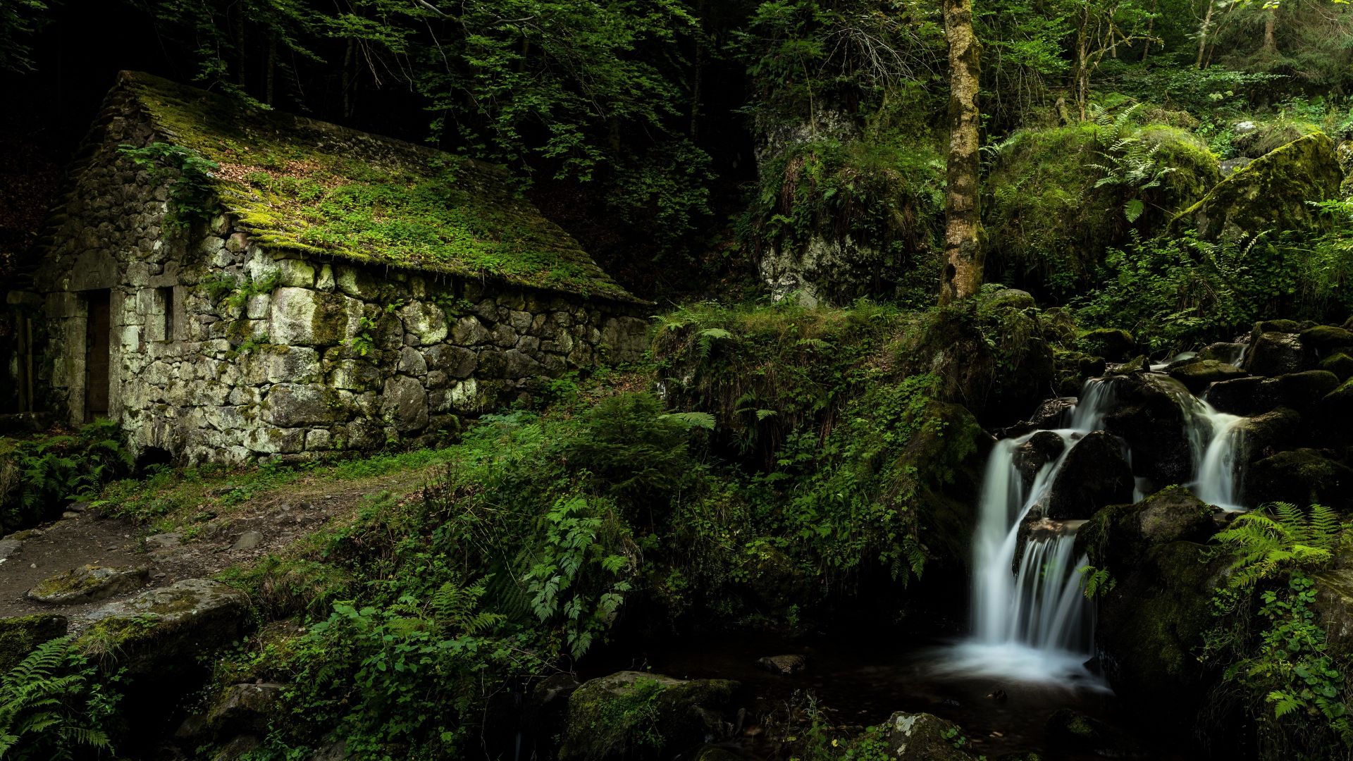 Wallpaper Stones house, waterfall, forest, nature