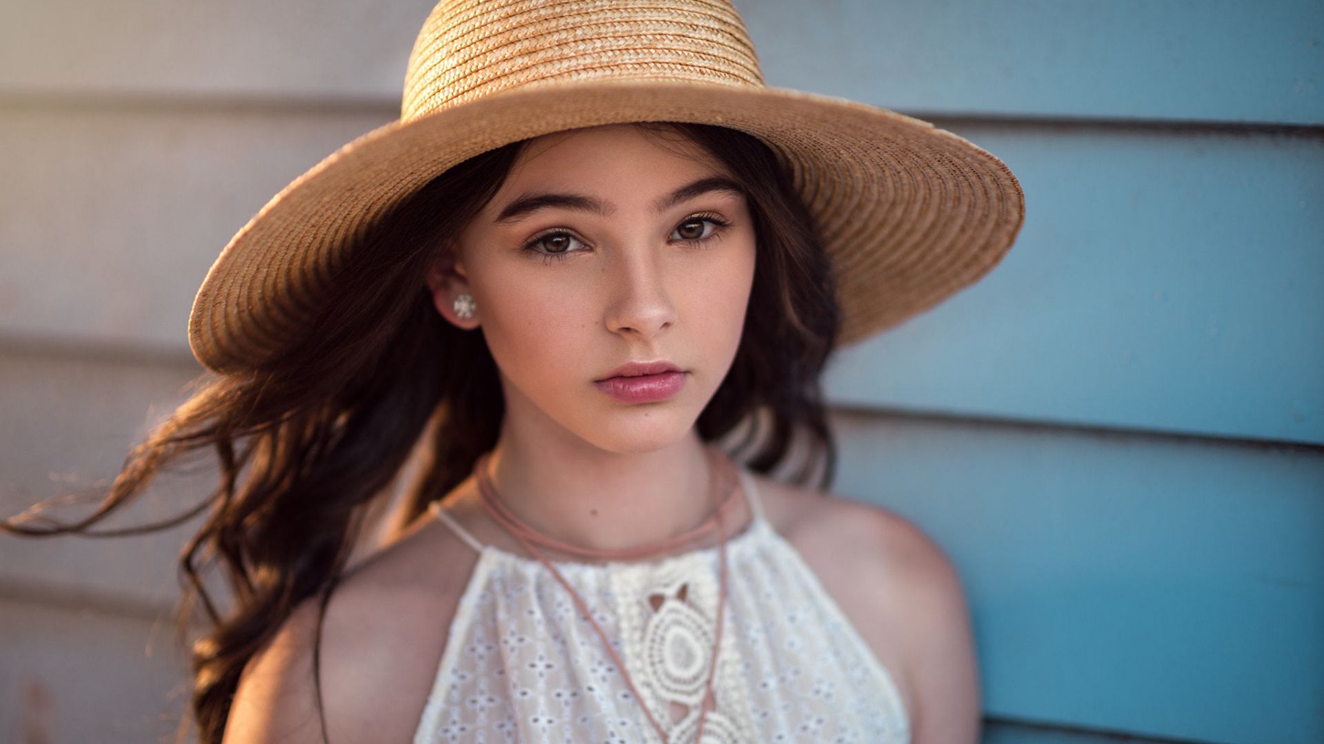 Wallpaper Straw hat, beautiful, girl model, brown eyes