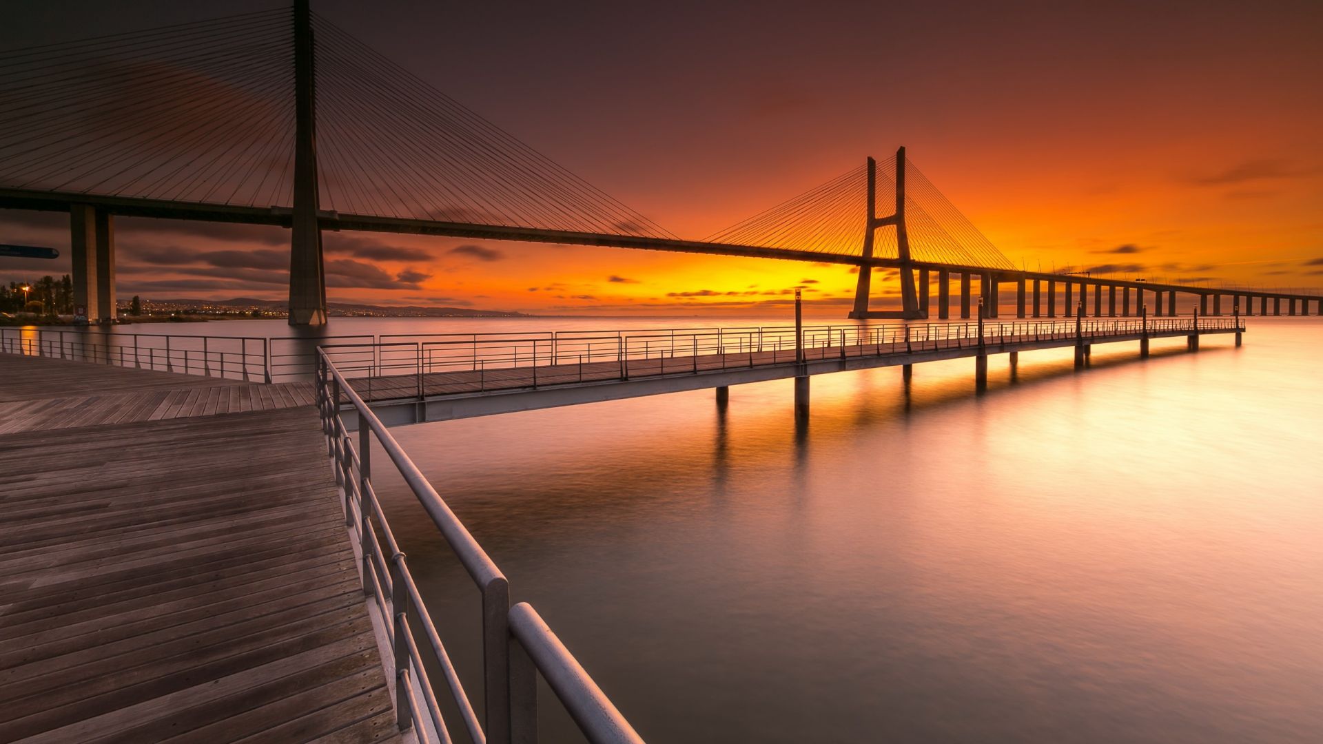 Wallpaper Bridge, sunset, sea, dock