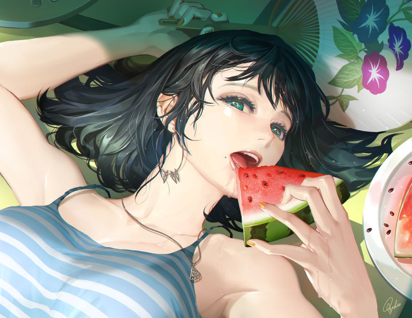 Wallpaper Beautiful, anime girl, eating melon, art