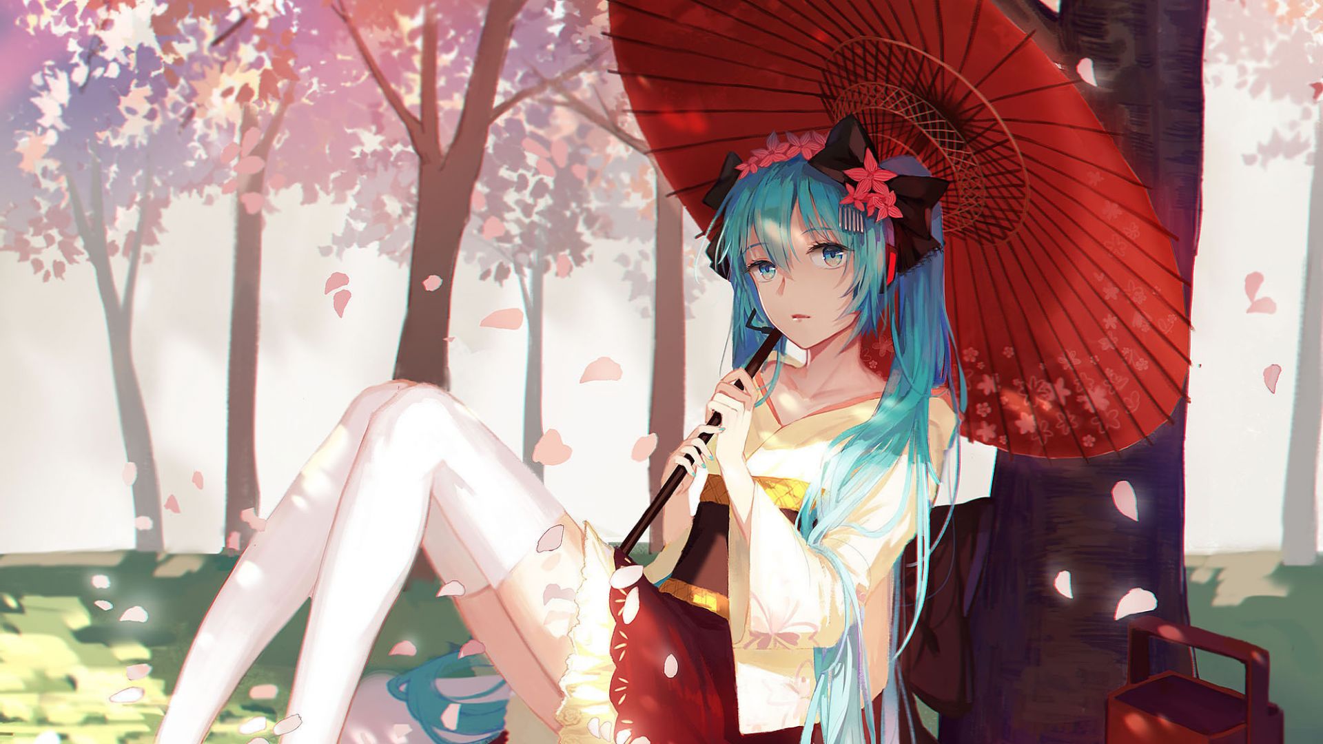Wallpaper Garden, blossom, anime girl, hatsune miku, umbrella