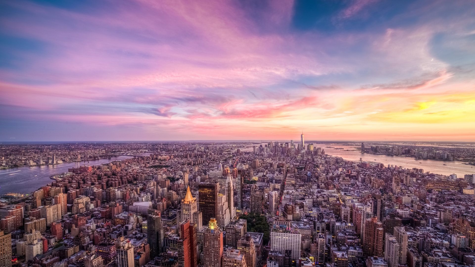 Wallpaper Purple sunset of new york city, USA wa