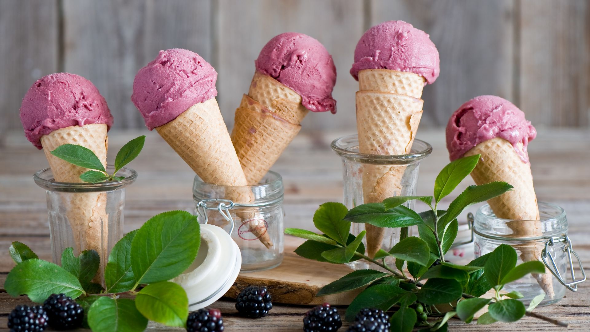 Wallpaper Ice cream, blackberry, leaves, food, fruits