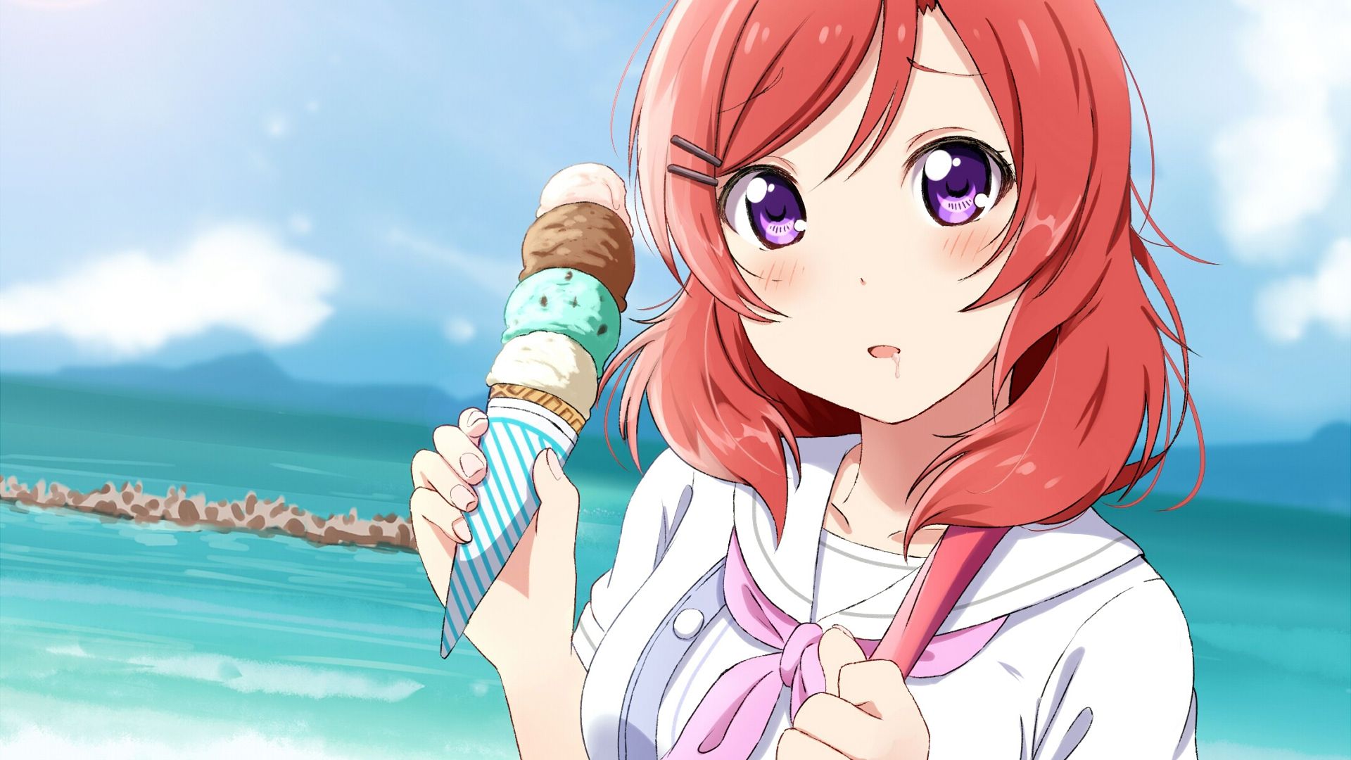 Wallpaper Maki Nishikino eating ice cream, red head anime girl