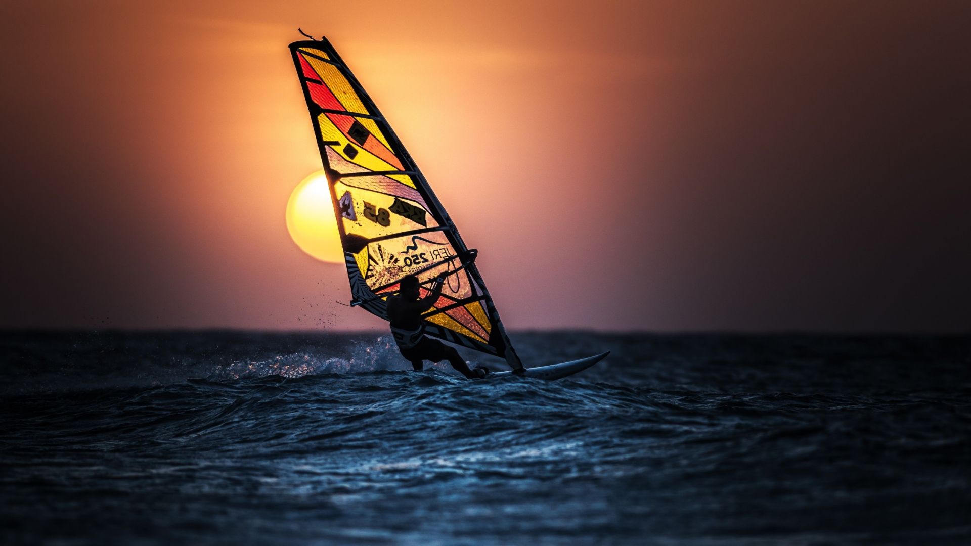 Wallpaper Windsurfing, sunset, sea, sun