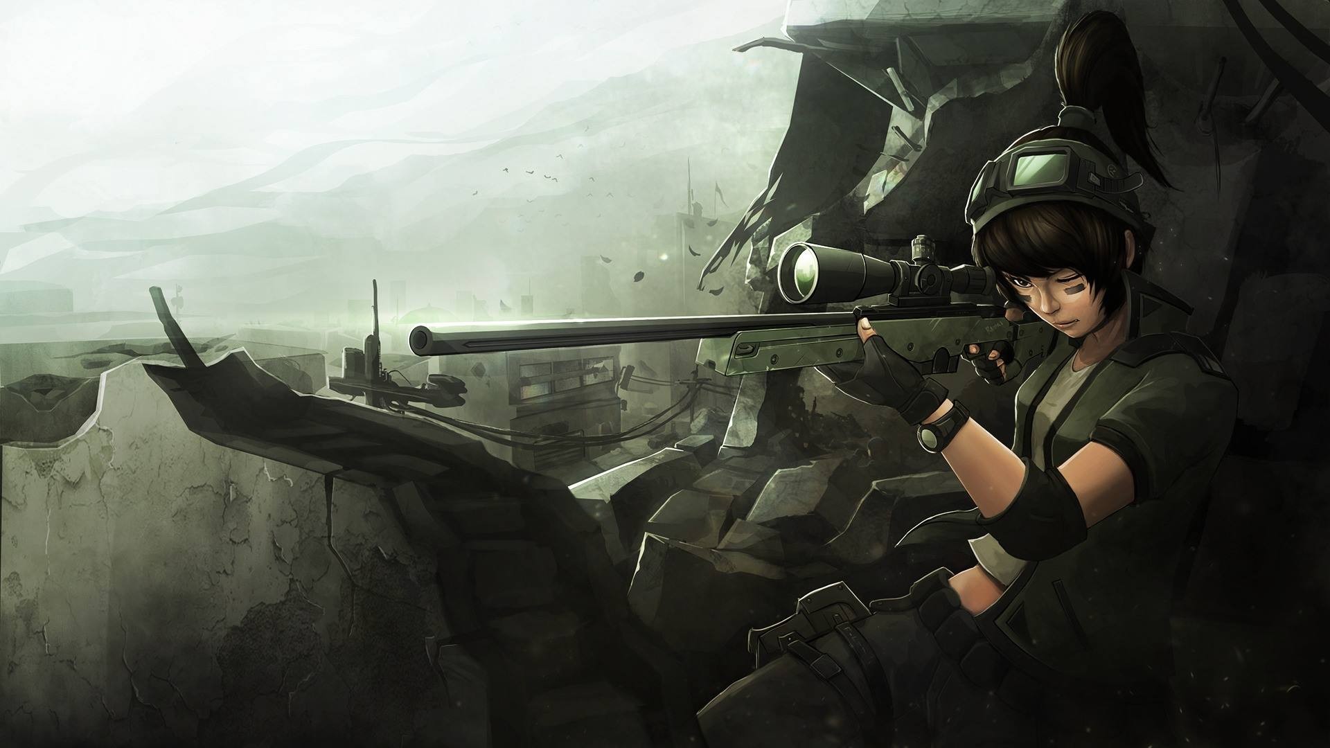 Wallpaper Girl in war field anime