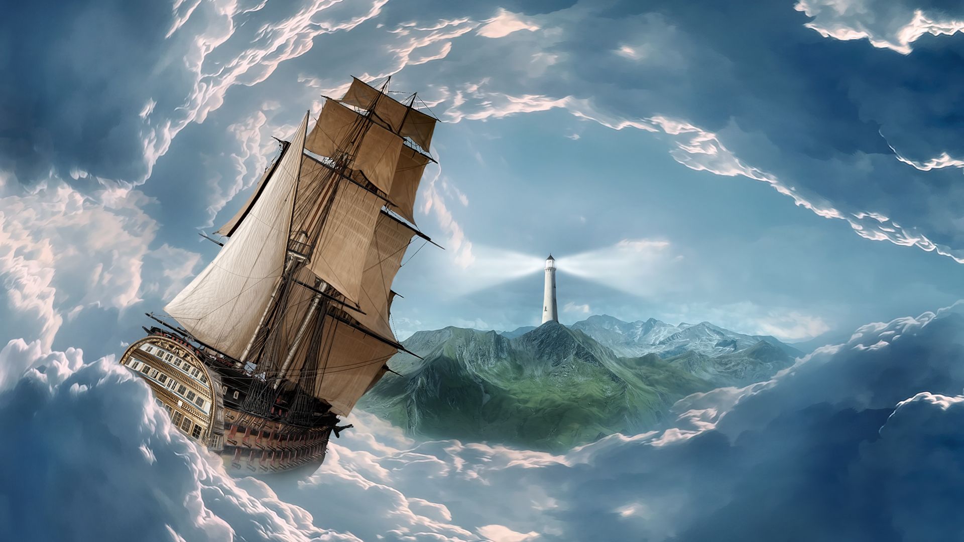 Wallpaper Voyage and lighthouse in clouds