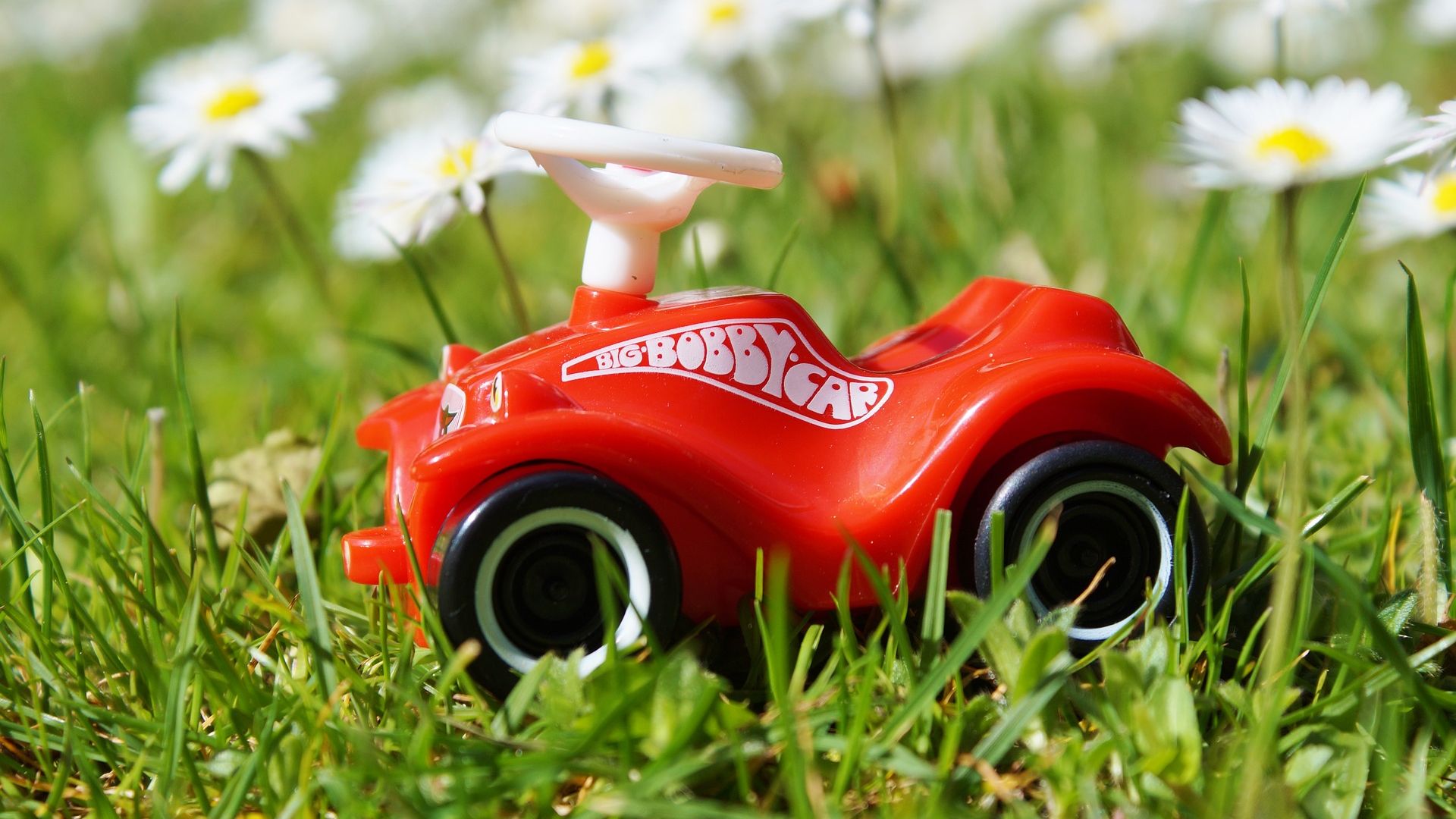 Wallpaper Child car, toy, meadow, wild flowers