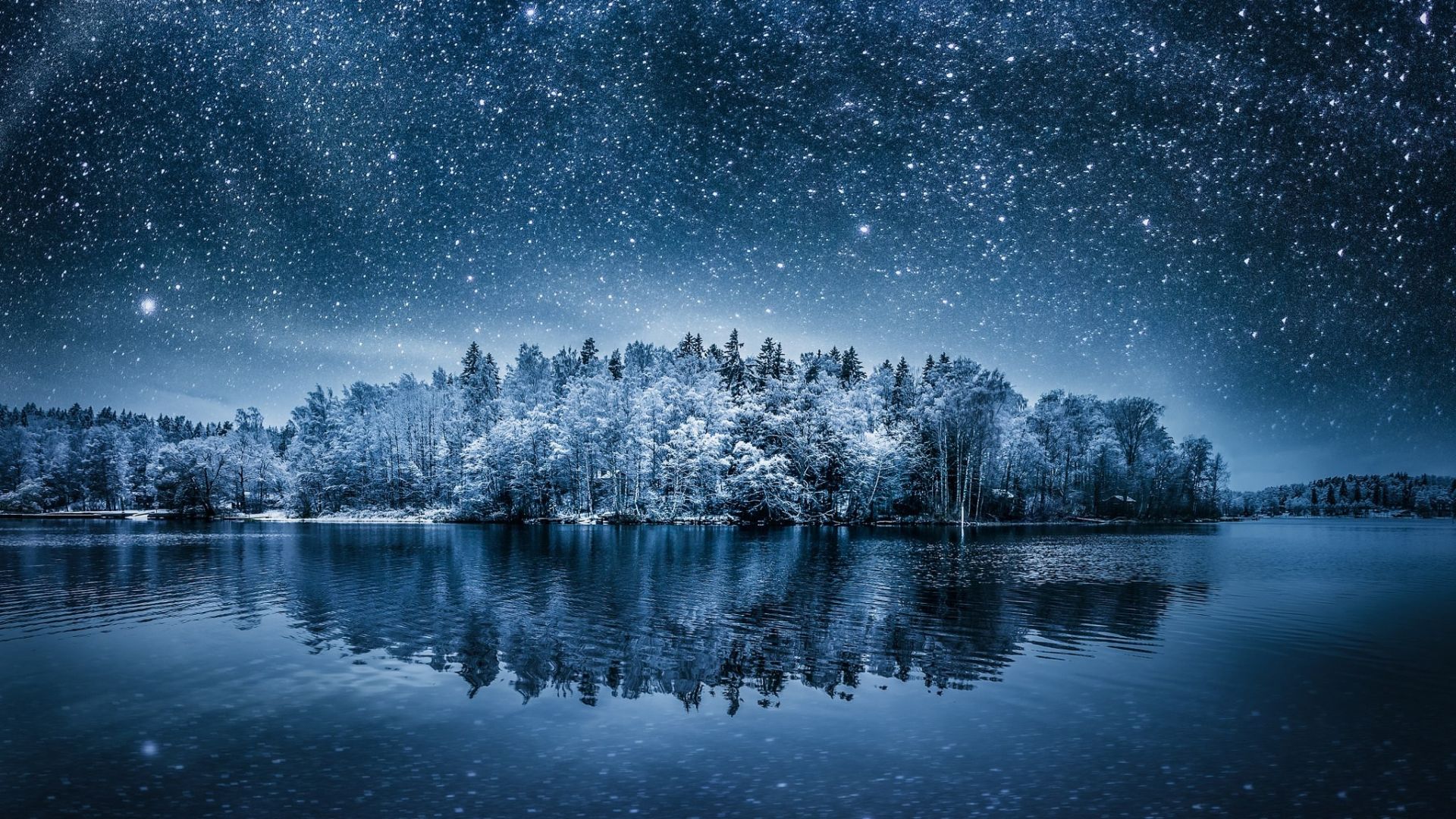 Wallpaper Lake, tree, winter, reflections, night, nature, lake, sky, stars