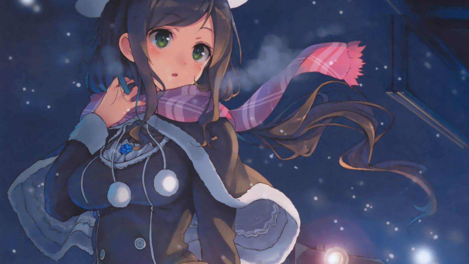Wallpaper Night, train, winter, anime girl