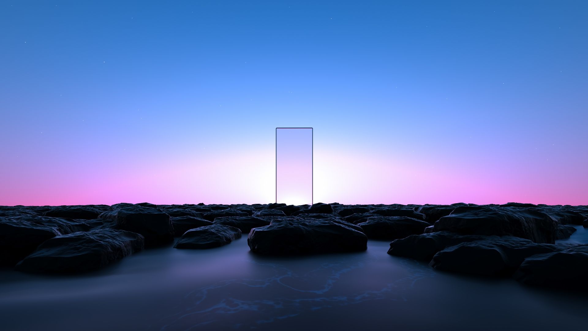 Wallpaper Glass door, portal, clear pink sky, rocks, digital art