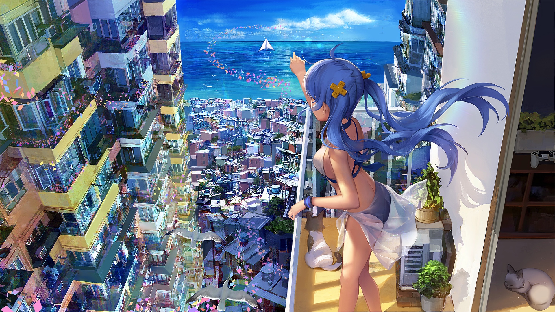 Wallpaper Blue hair anime girl, cityscape, bikini, balcony