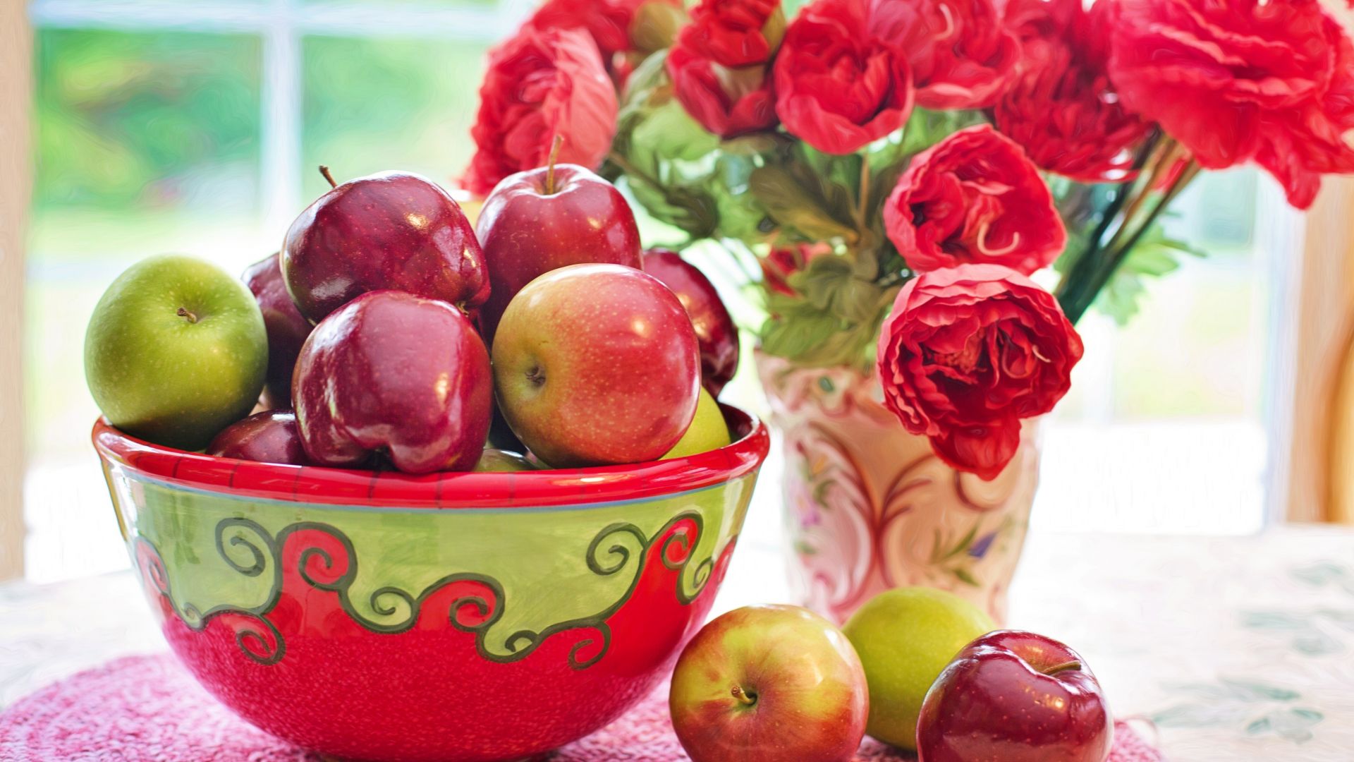Wallpaper Apples, basket, flowers, 5k