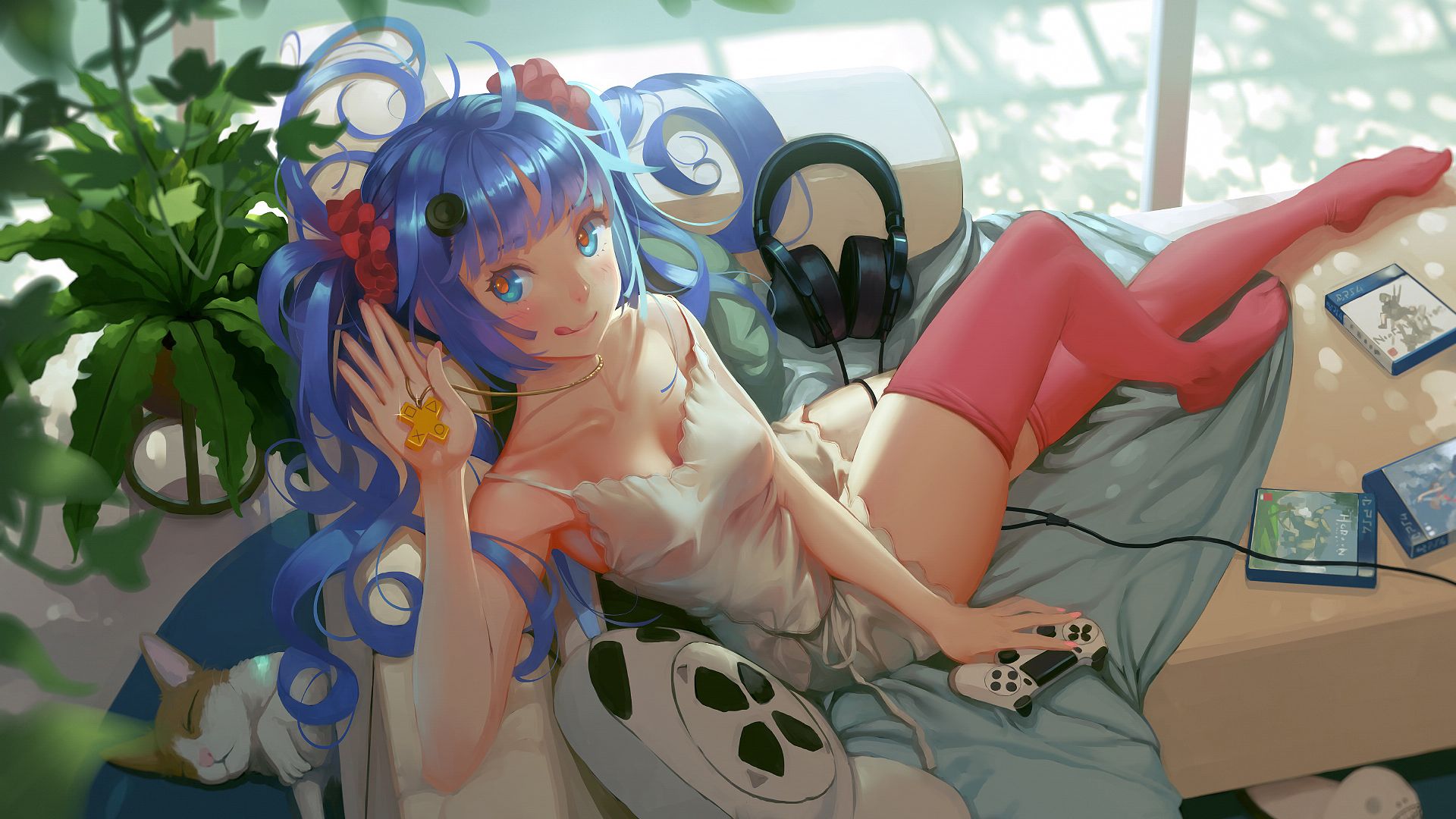 Wallpaper Lying down, cute, blue hair anime girl