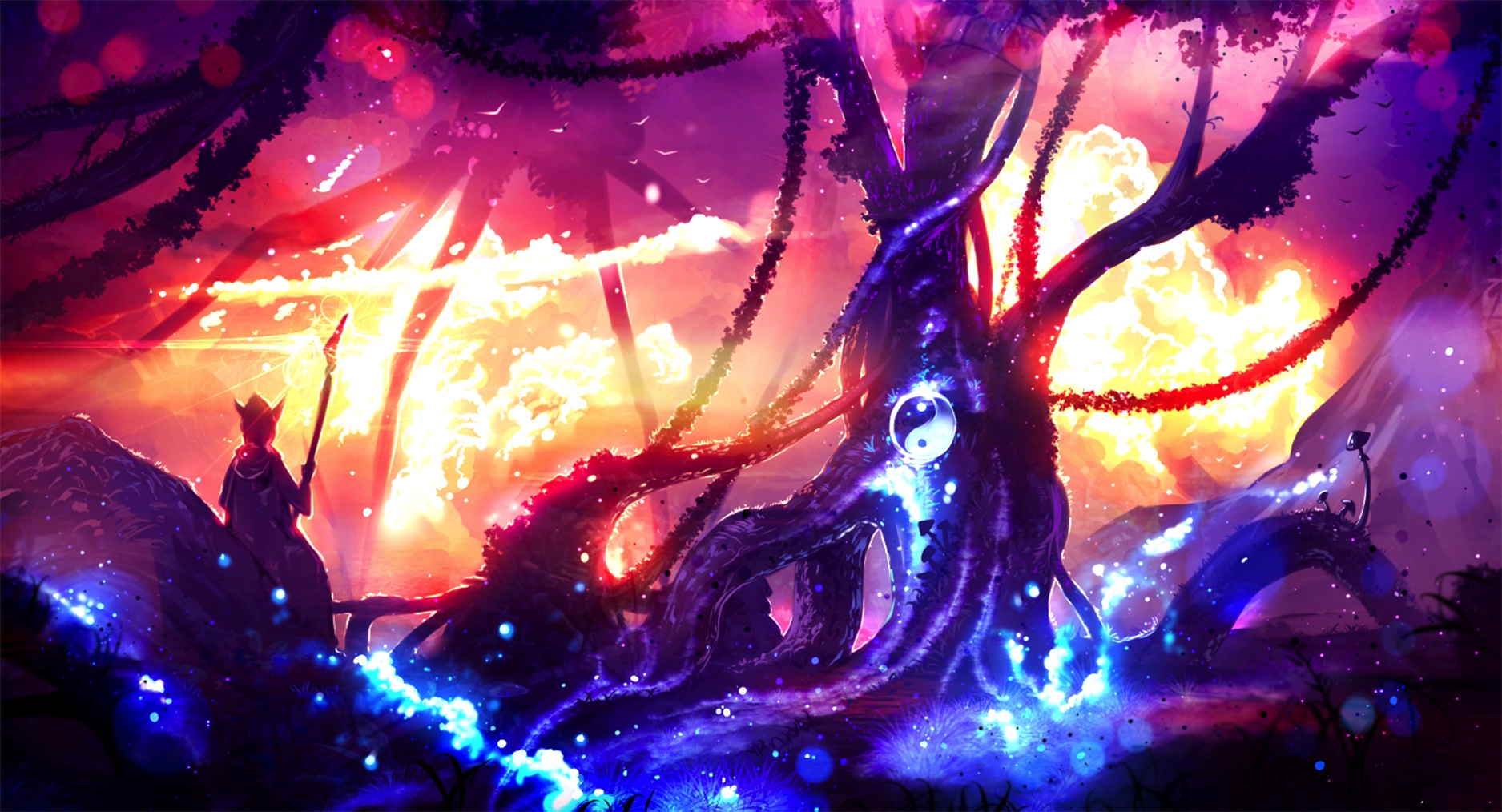 Wallpaper Tree, forest, night, anime, original, art