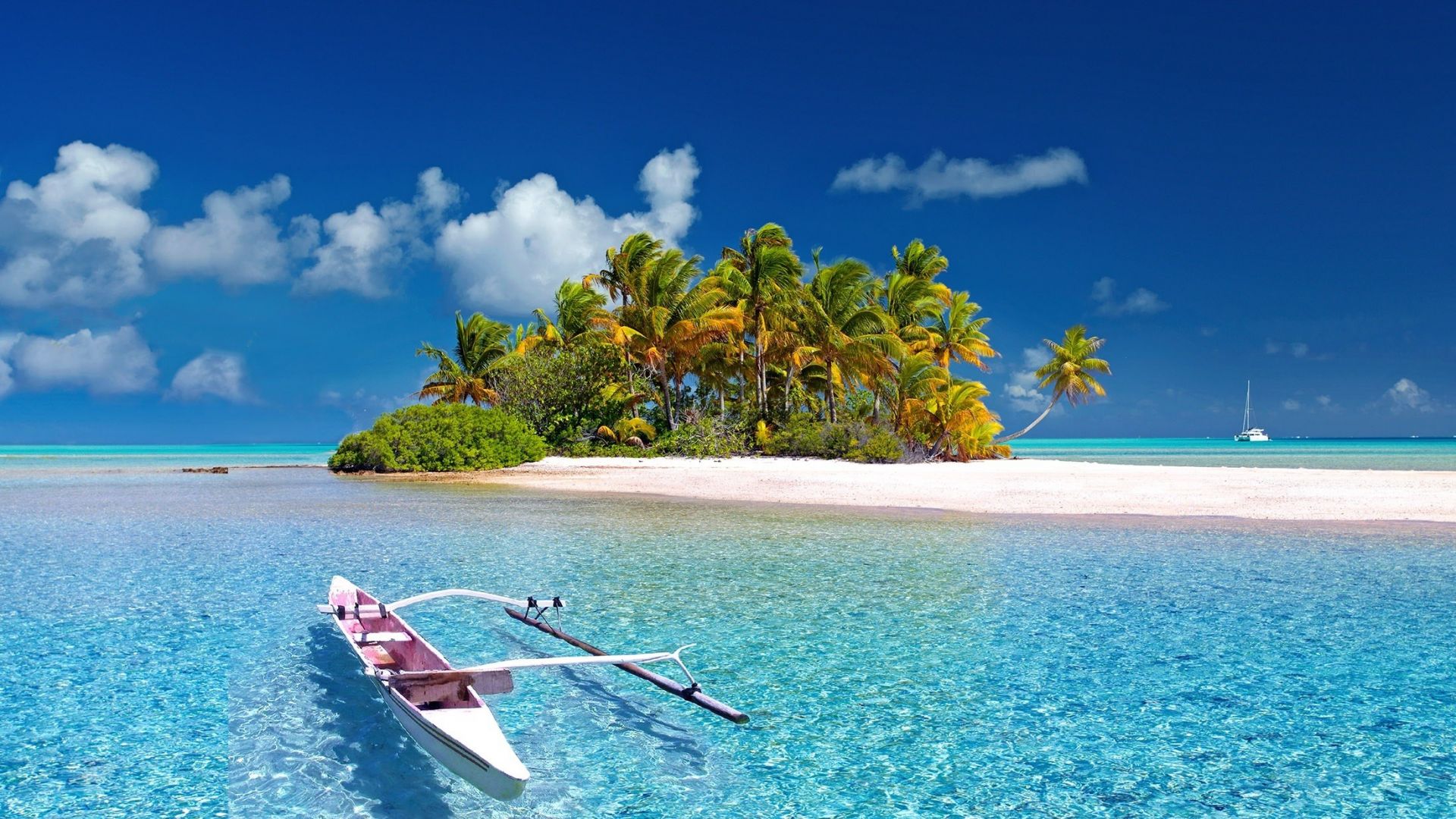 Wallpaper South sea, island, palm tree, boat, beach, france
