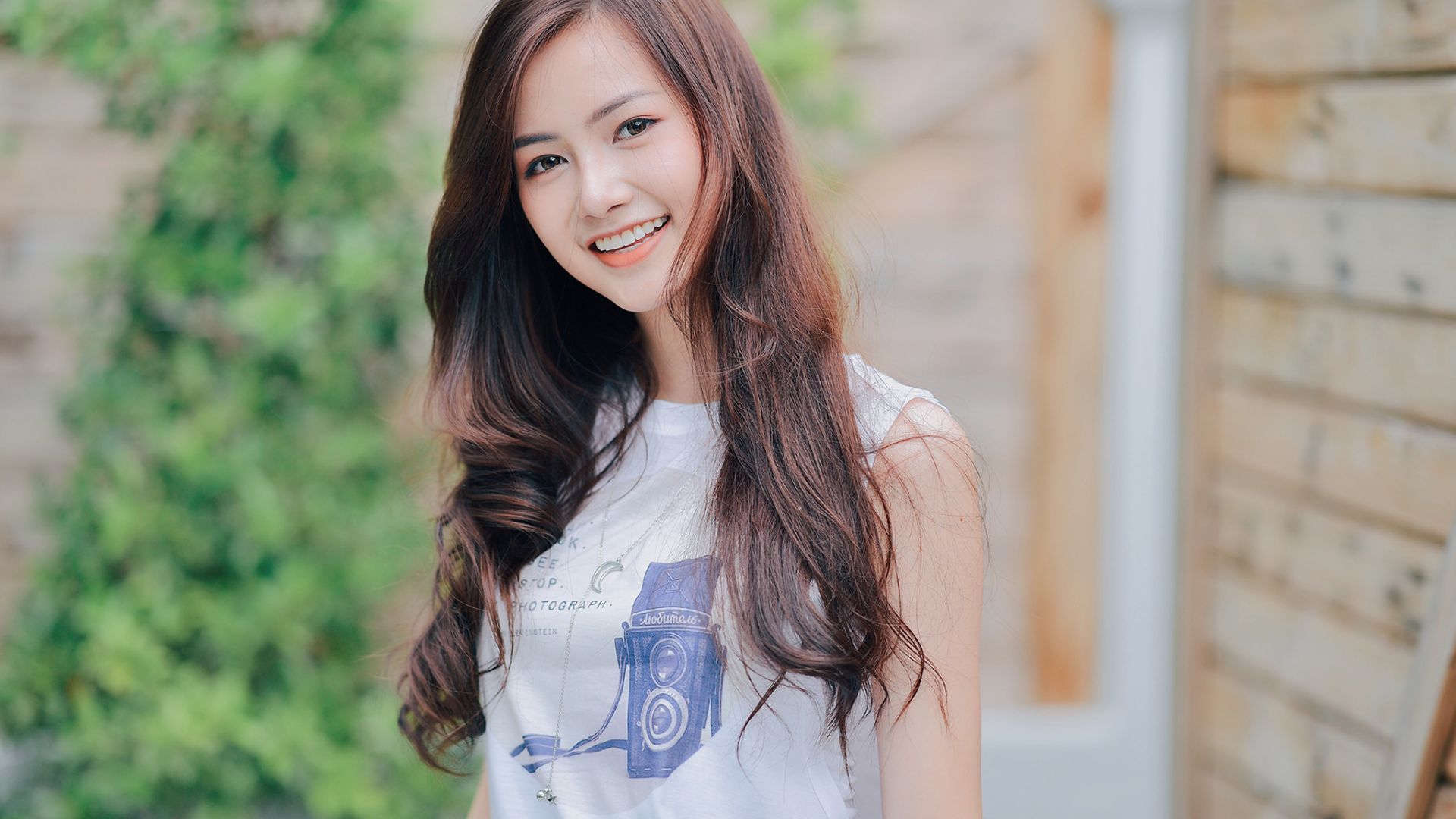 Wallpaper Cute, Asian model, smile, brunette
