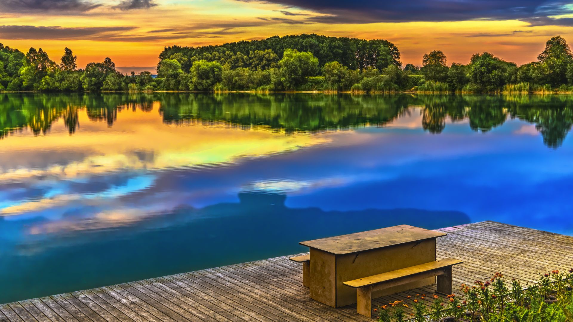 Wallpaper Sunset, dock, bench, lake, reflections