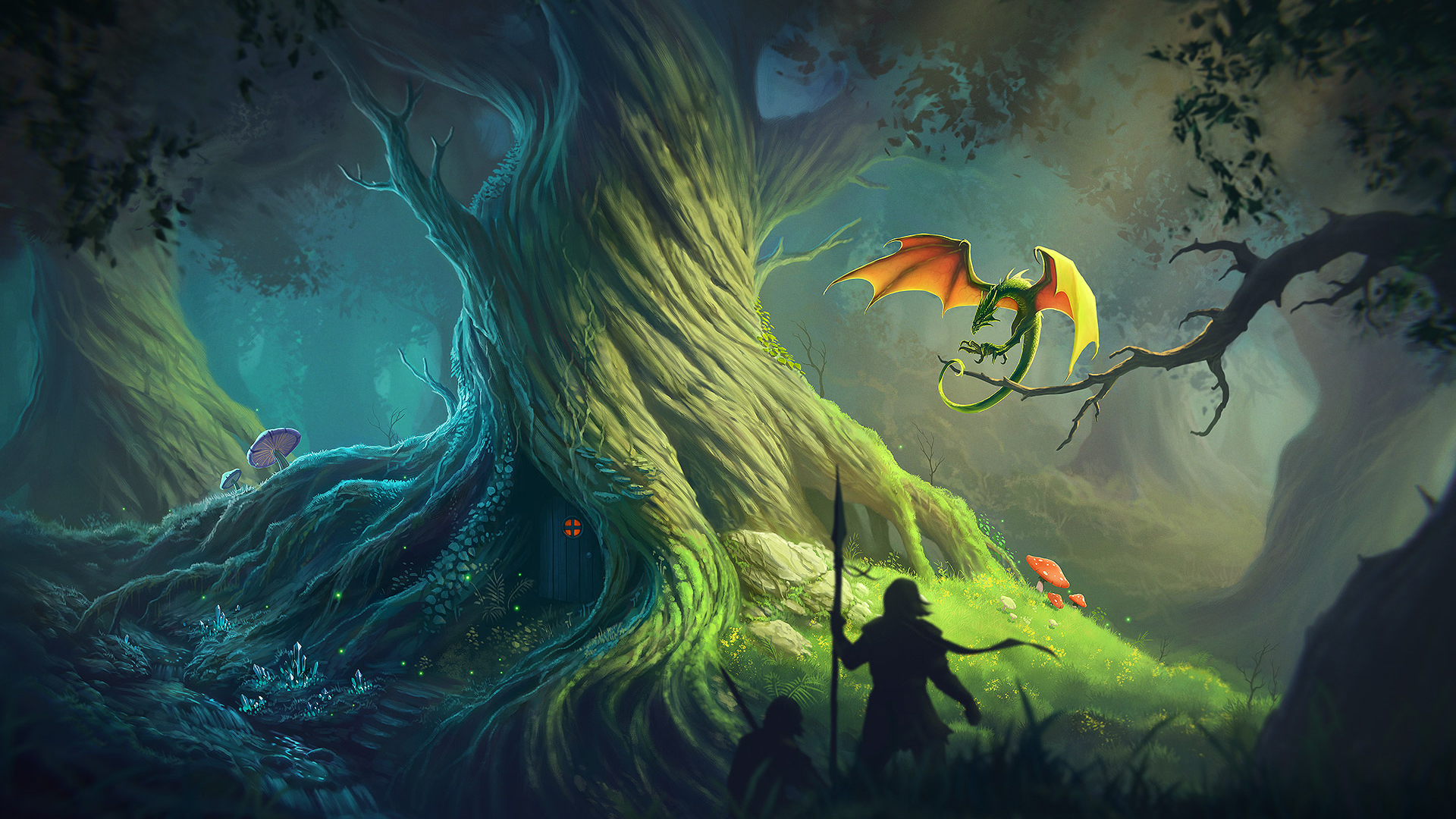 Wallpaper Dragon, fantasy, warrior, tree