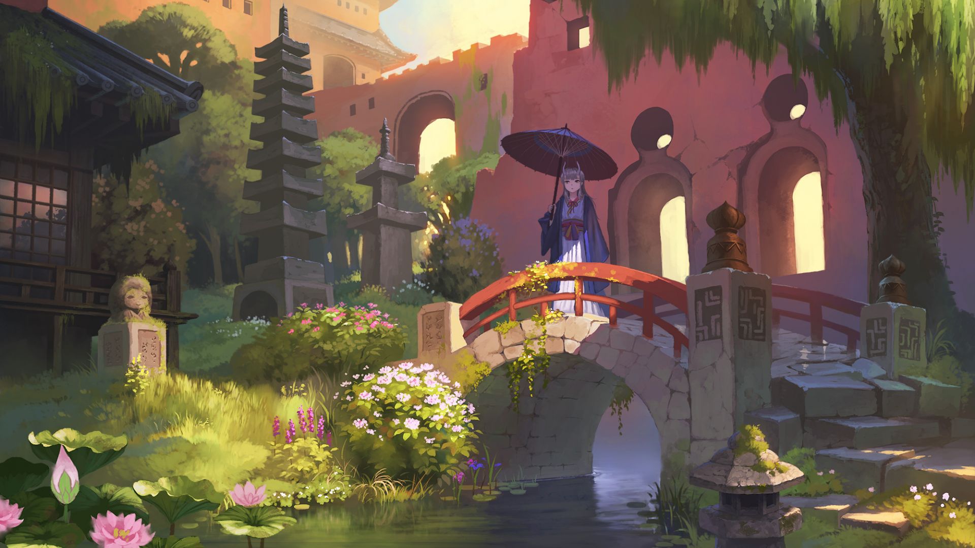 Wallpaper Anime girl, umbrella, small bridge, original