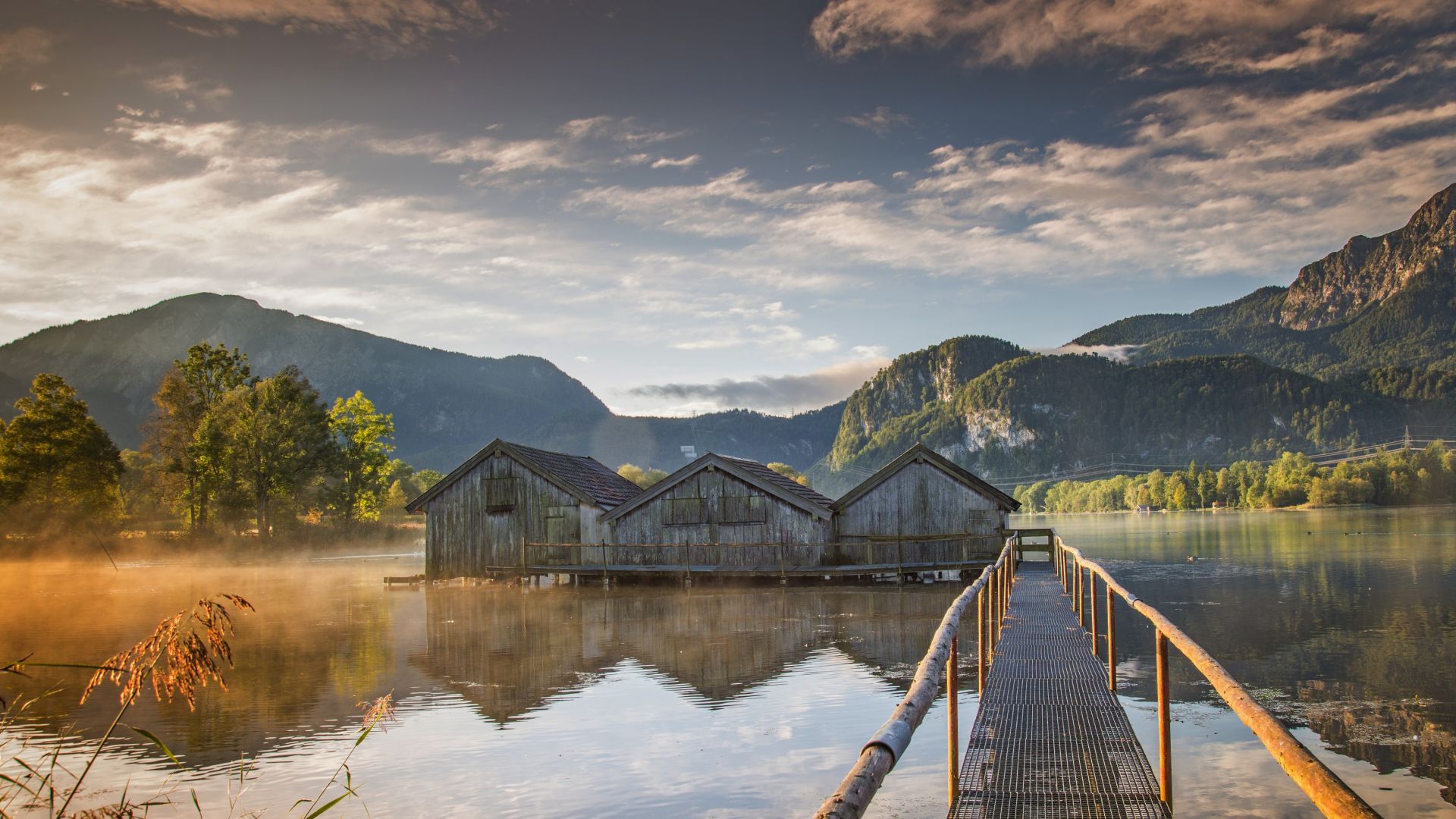 Wallpaper Lake, house, mountains, wooden bridge, 4k