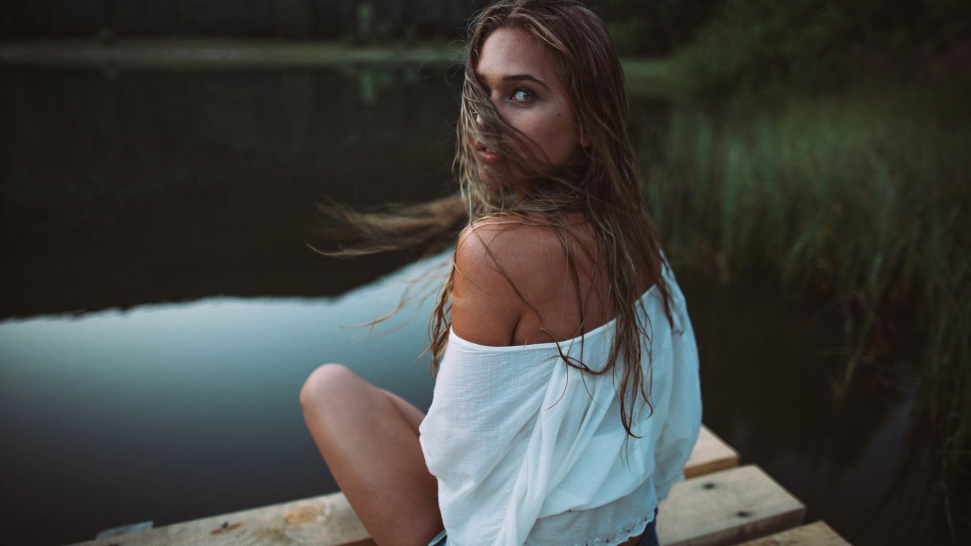 Wallpaper Dock, girl model, sitting, outdoor, hair on face