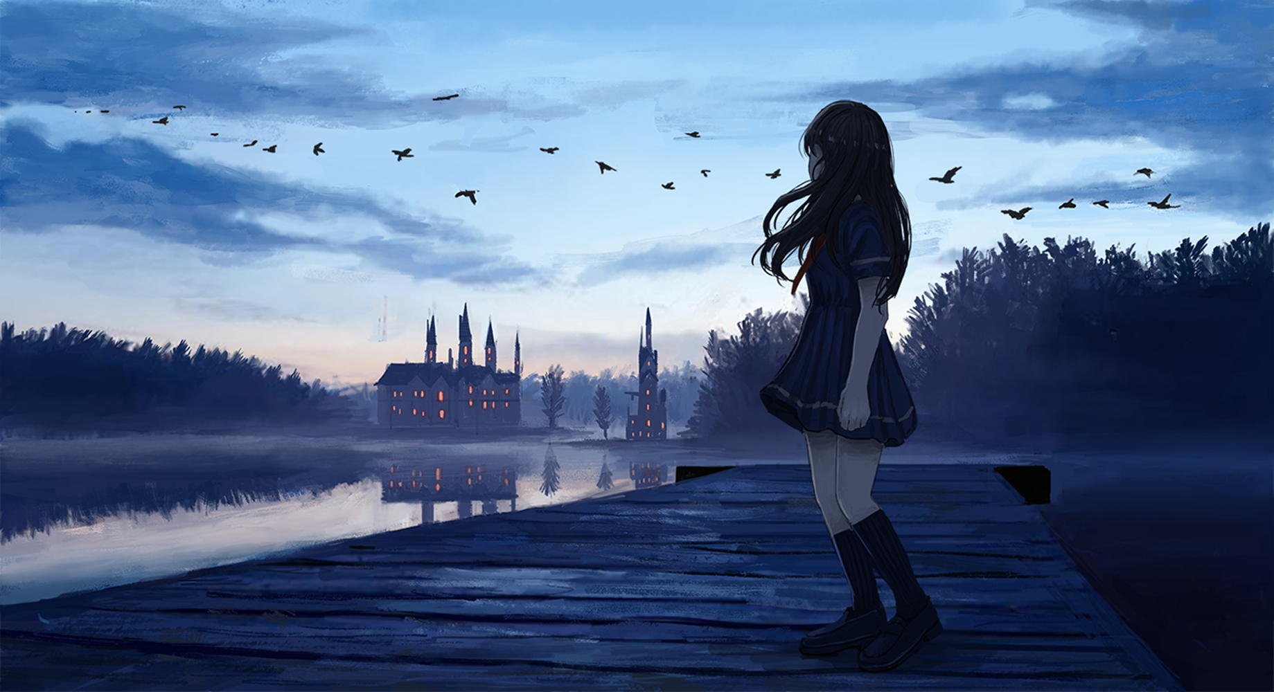 Wallpaper Sunset, anime girl, dock, reflections, original