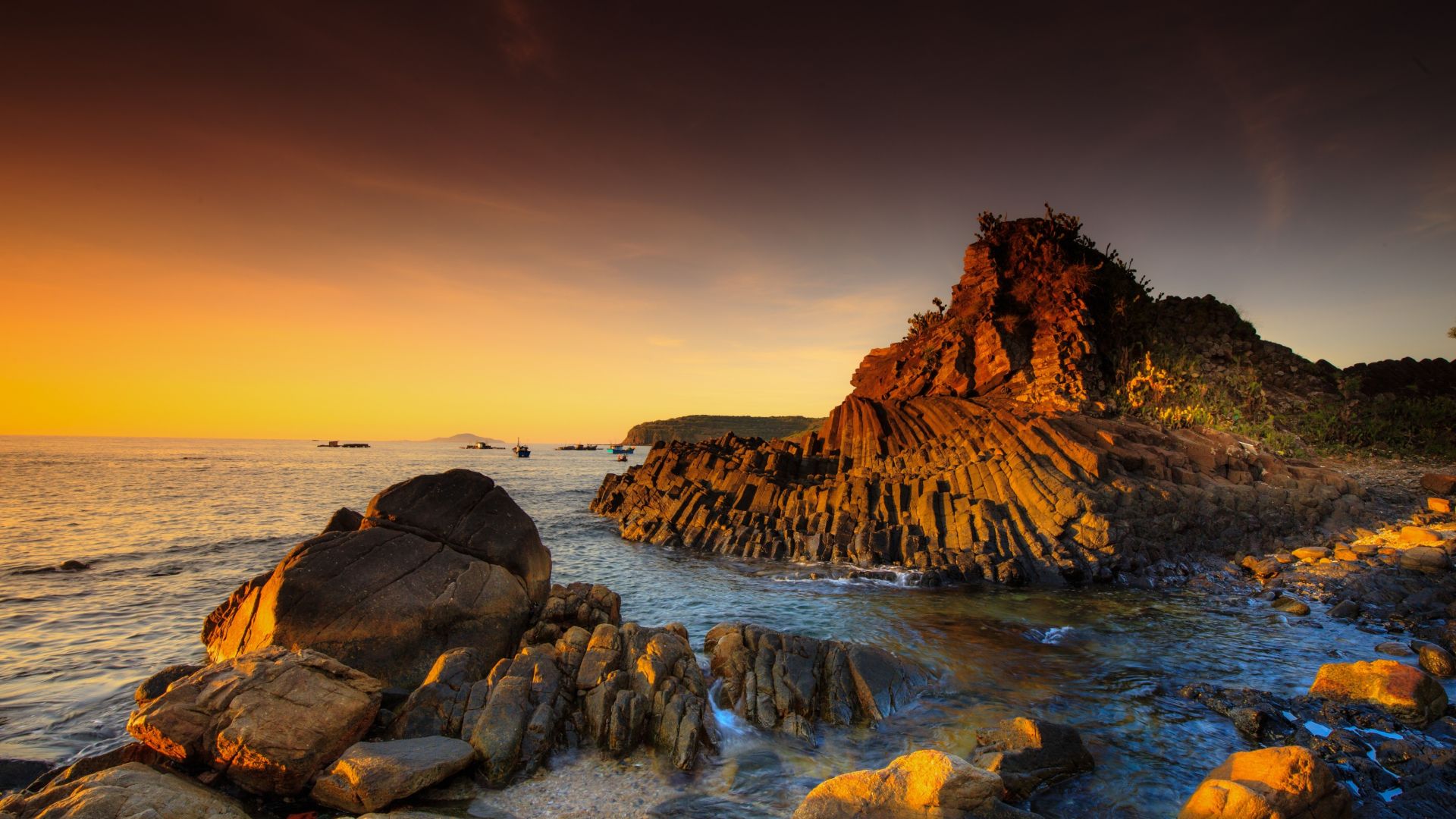 Wallpaper Coast, sea, sunset, nature, rocks, 5k