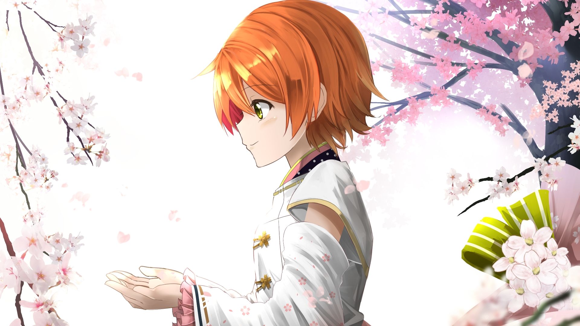 Wallpaper Rin Hoshizora, Love Live!, anime girl, joy, blossom