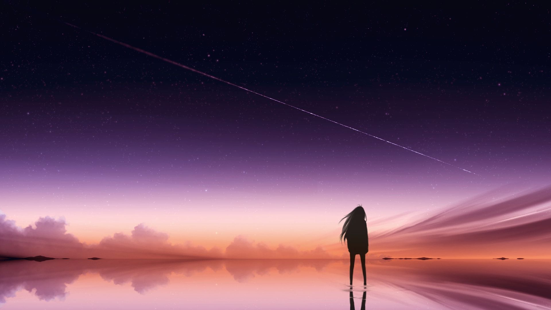 Wallpaper Anime girl, outdoor, night, comet fall