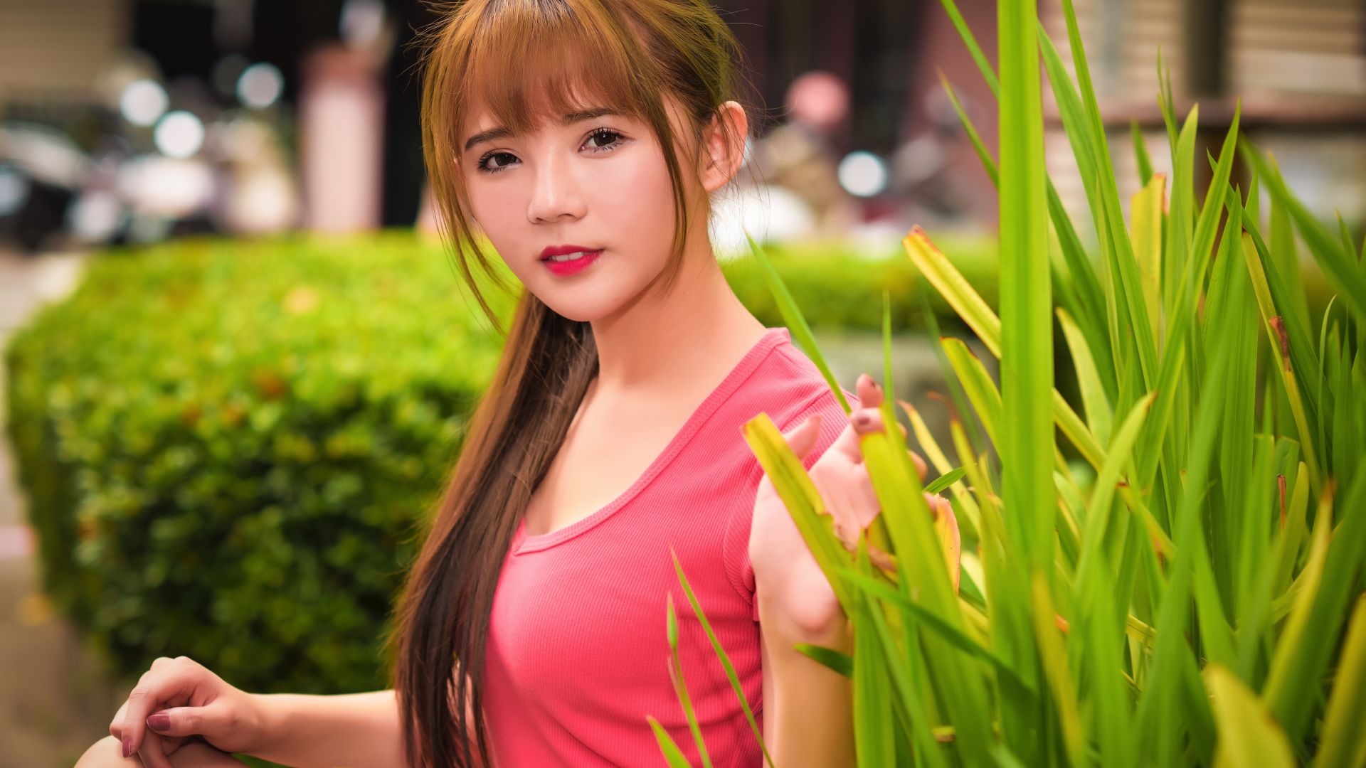 Wallpaper Asian model, girl, red head, grass, sitting