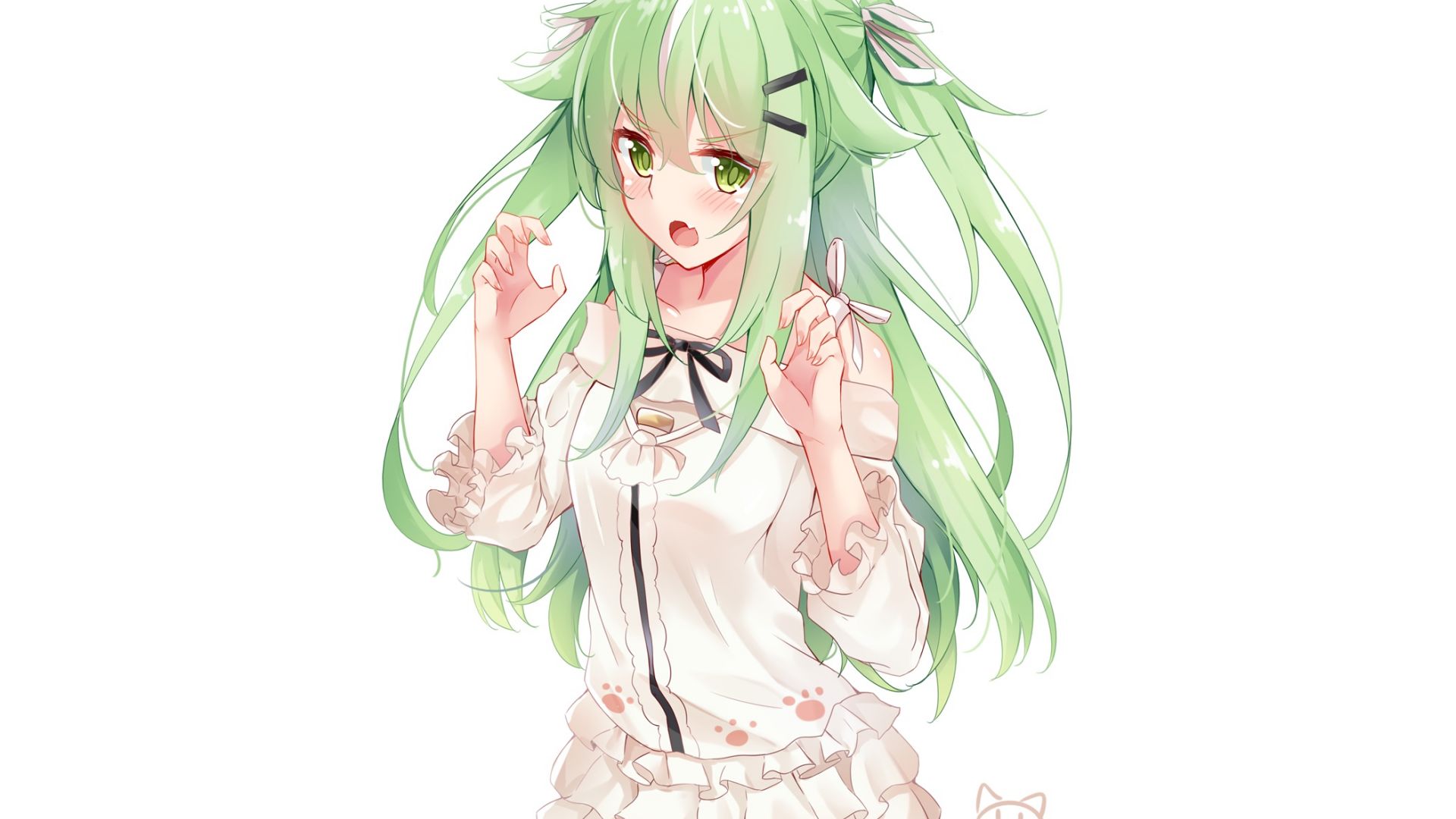Wallpaper Cute, green hair anime girl, original, minimal
