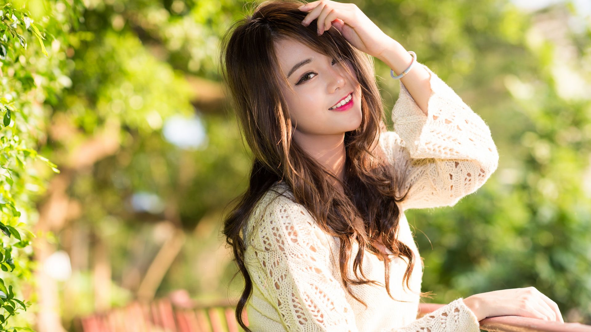 Wallpaper Asian model, girl, garden, outdoor